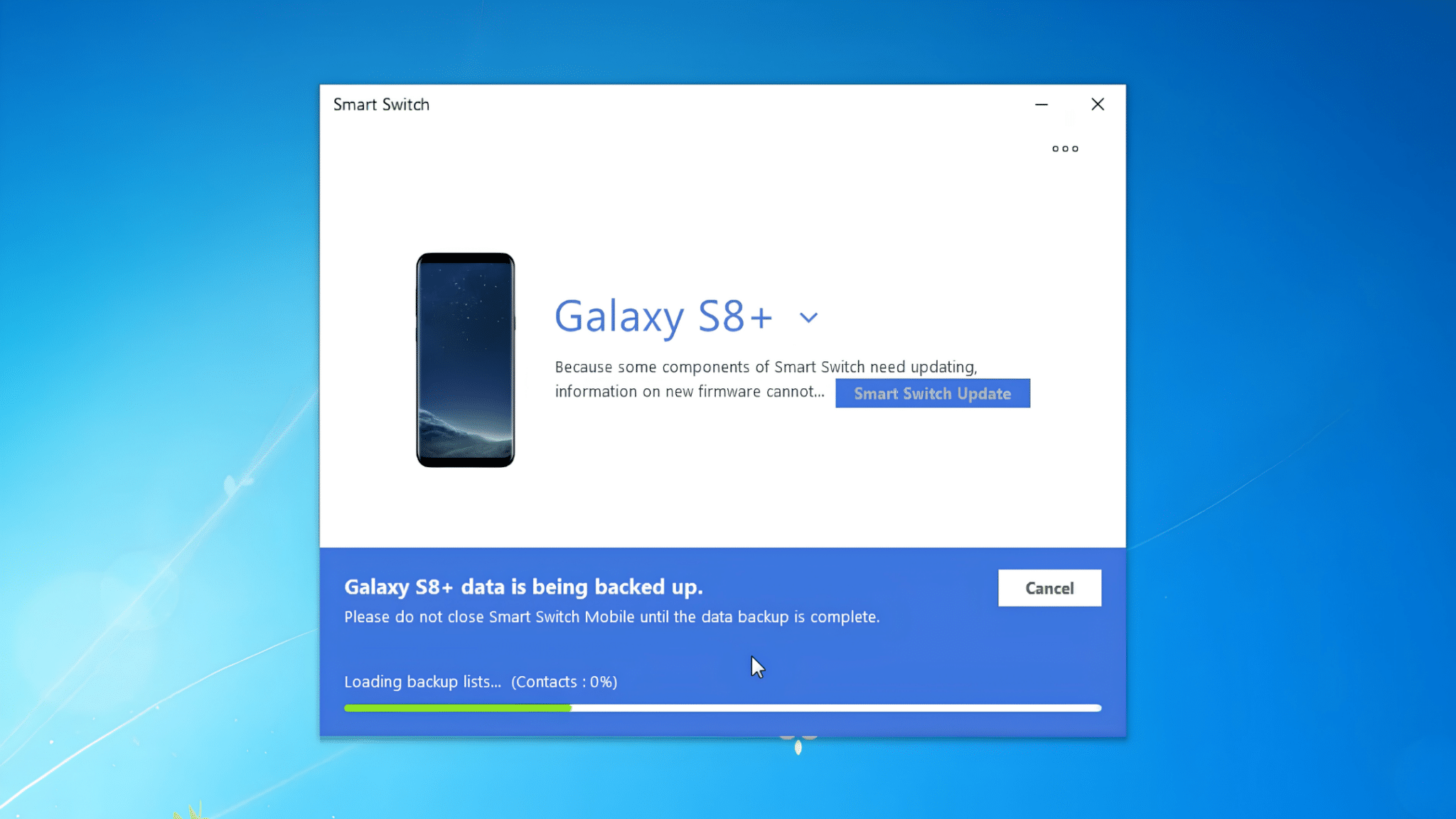 smart switch window showing galaxy s8 plus backup in progress with status bar loading contacts data and cancel option available