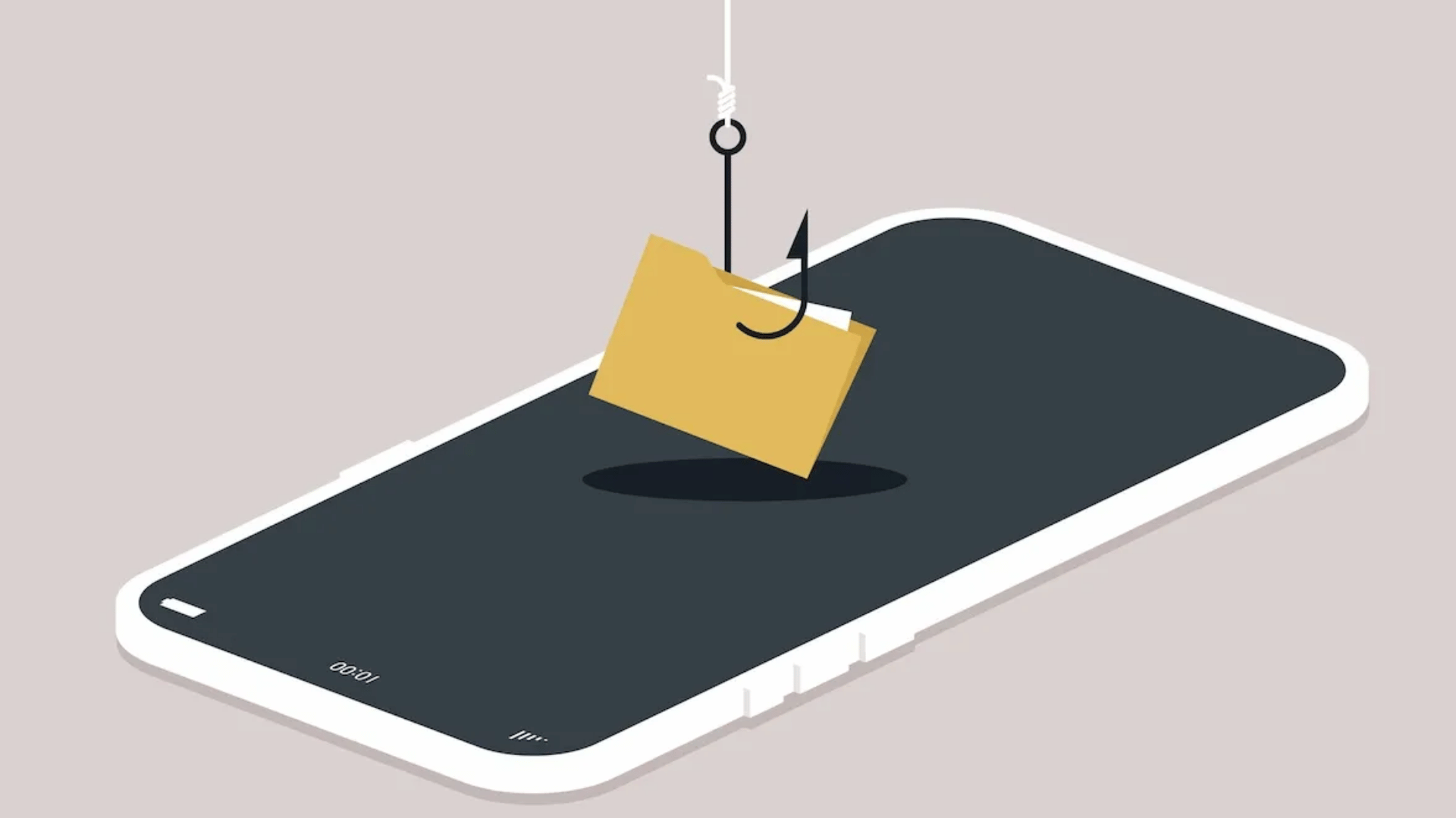 smartphone with a fishing hook pulling a folder from the screen symbolizing phishing attack and stolen data