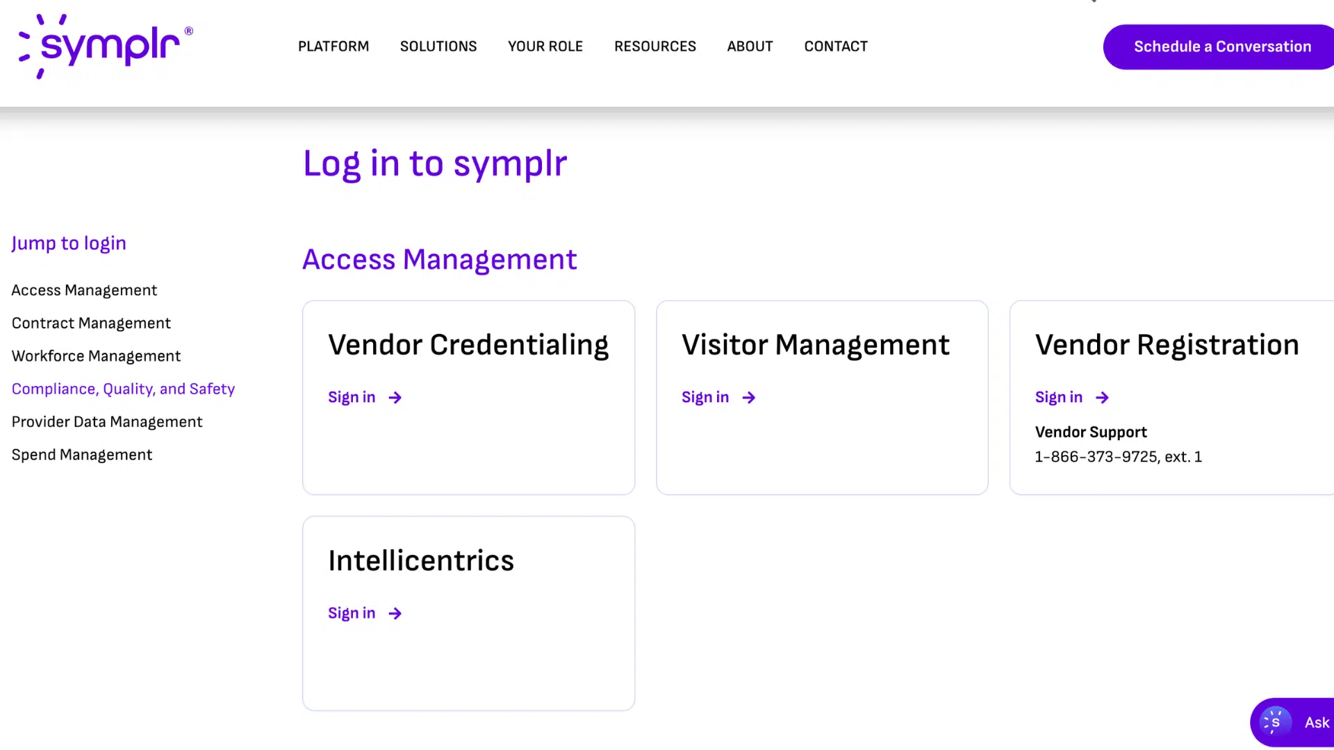 symplr access management login page showing vendor credentialing visitor management vendor registration and intellicentrics sign in options