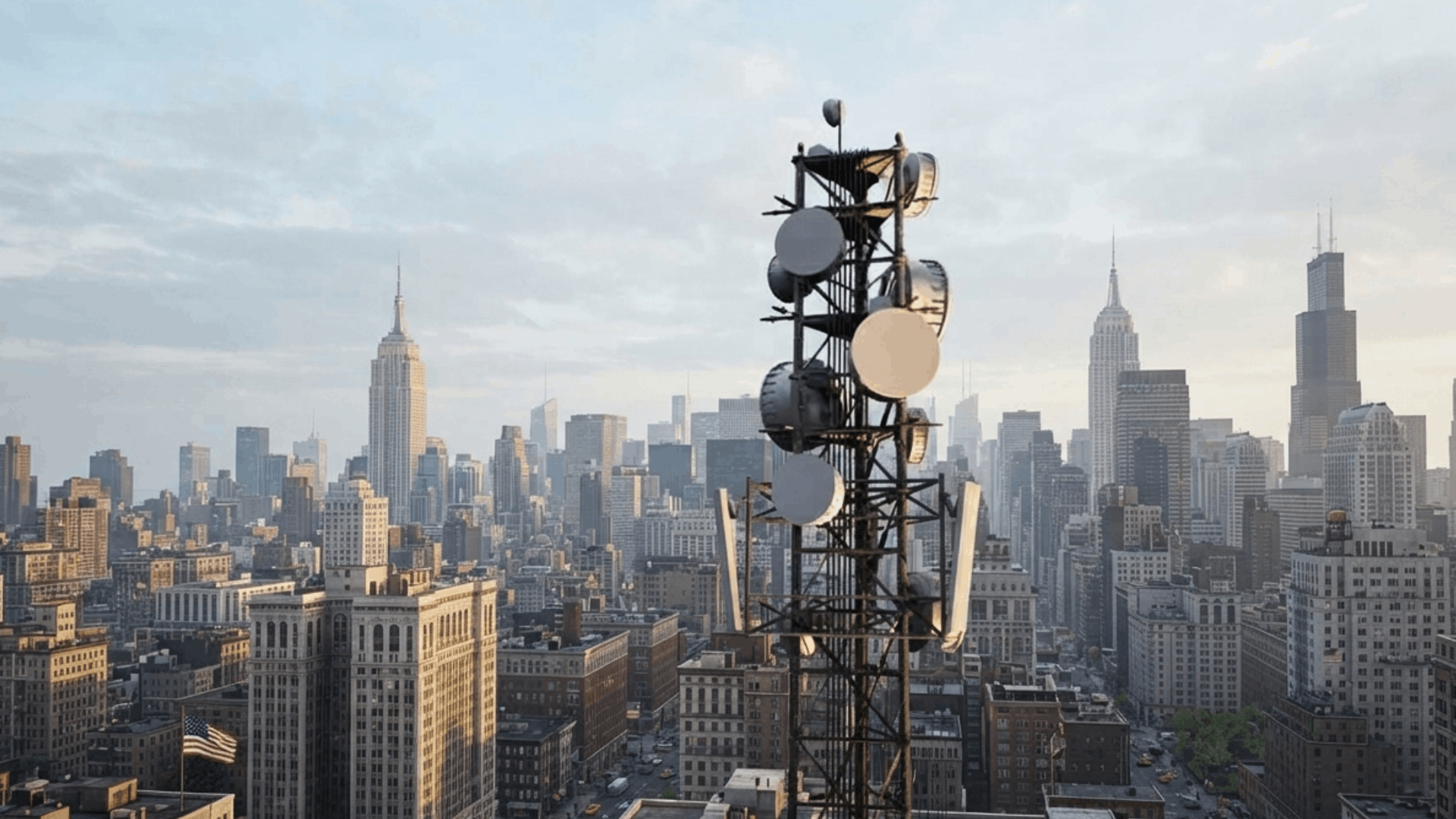 telecom tower with communication antennas overlooking a city skyline with tall buildings and urban landscape