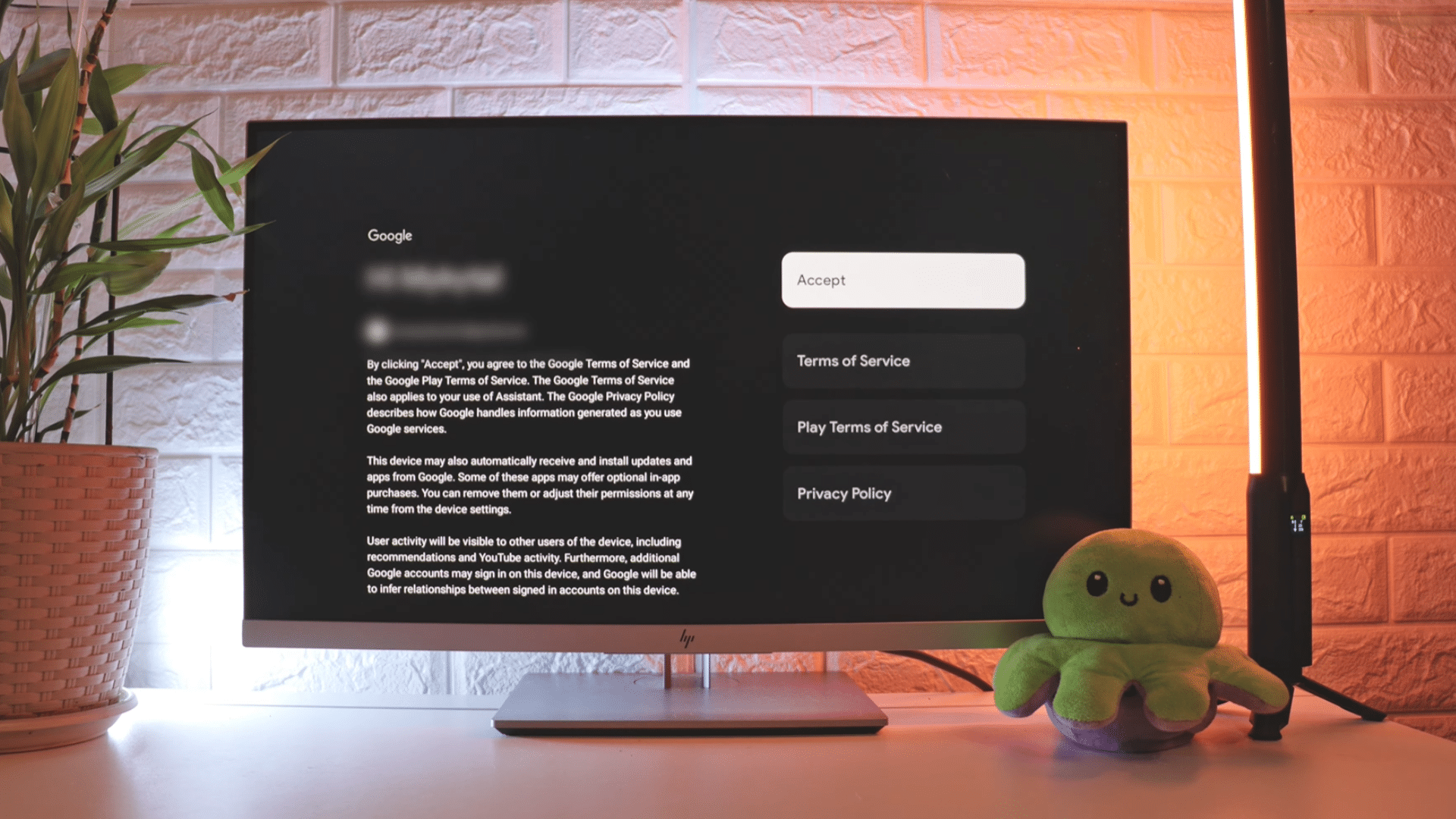 television displaying google terms and privacy agreement screen during setup with a plant plush toy and warm ambient lighting nearby (1)
