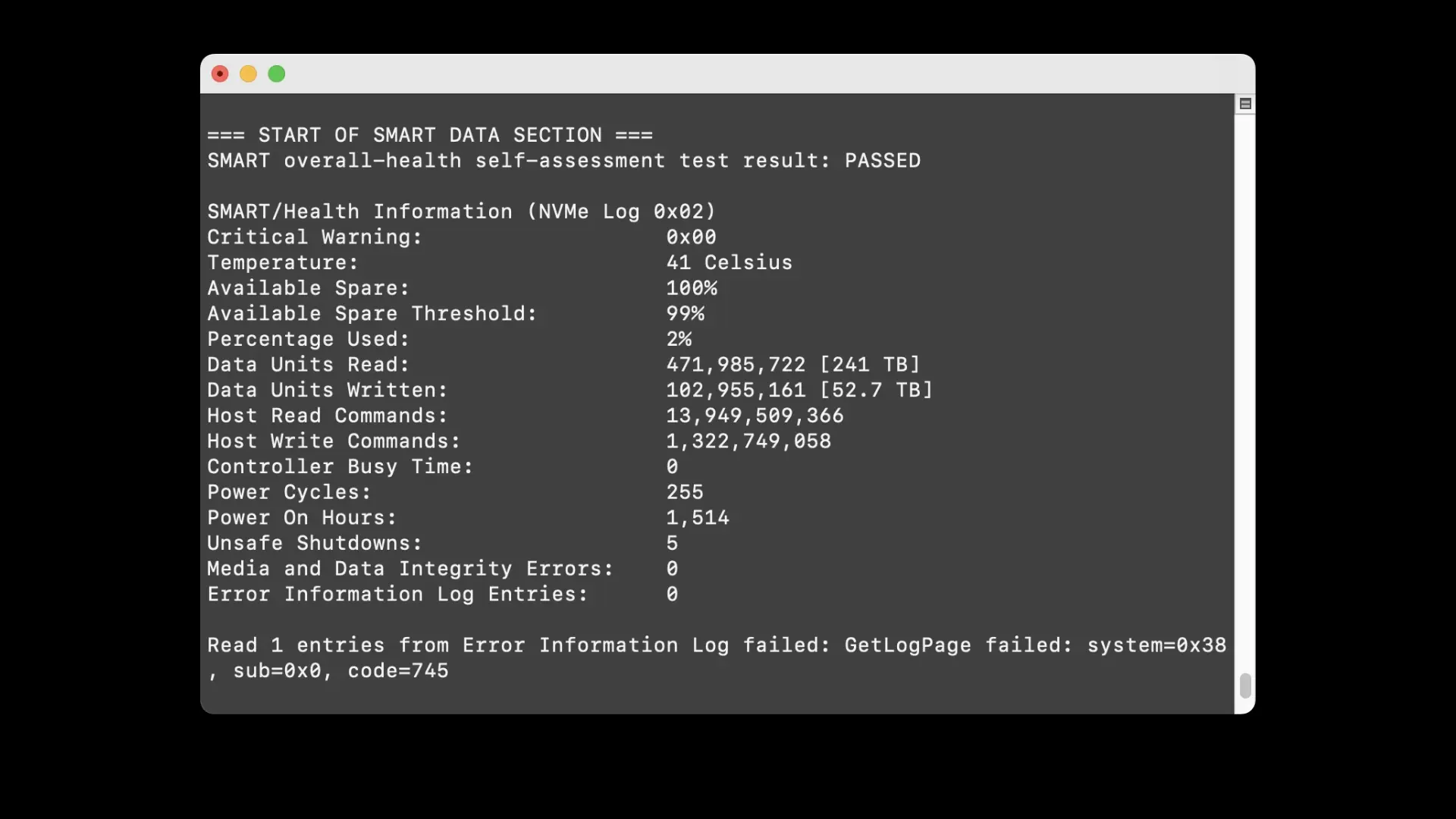 Terminal window showing an NVMe SSD SMART report with passed health and usage details.