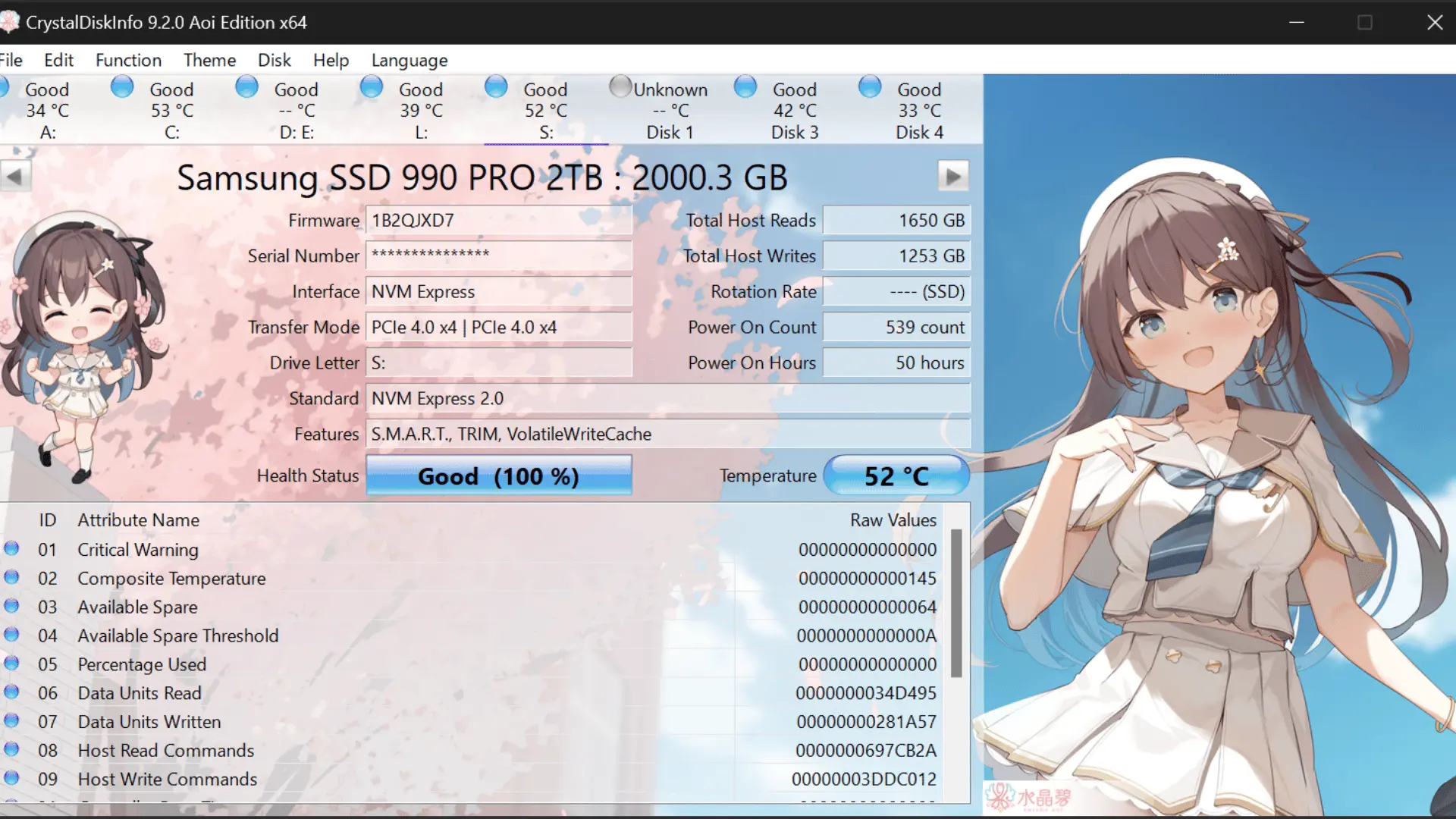 website image of crystaldiskimage with detailed computer statistics of the condition of the pc with an anime girl