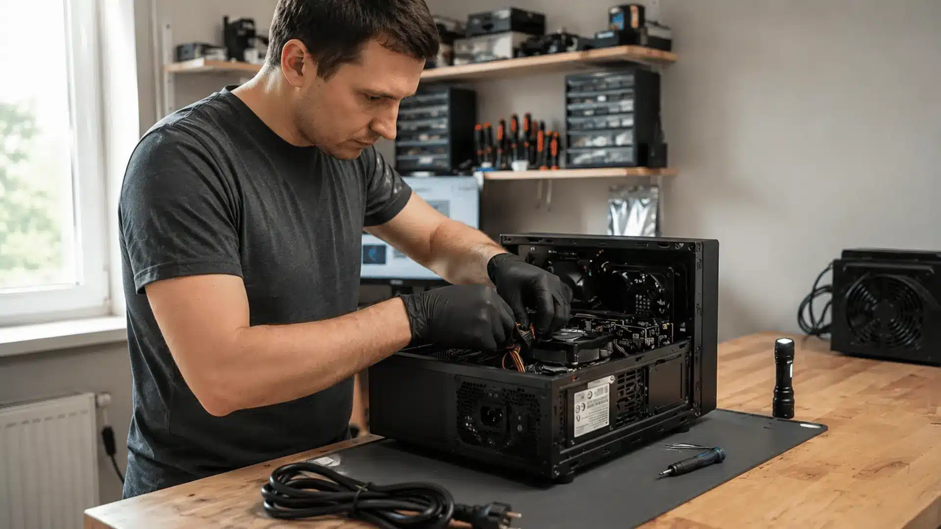 a man wearing black gloves repairs an open desktop computer on a wooden workbench in an electronics workshop