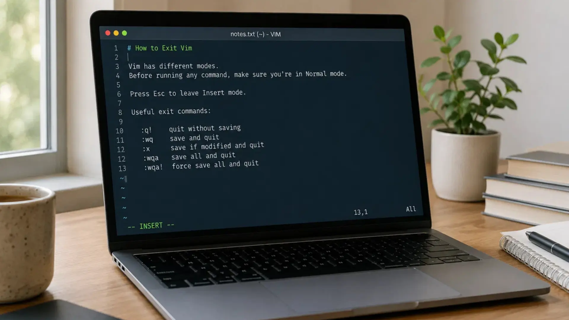 vim editor terminal showing exit commands like wq and q to explain how exiting vim actually works