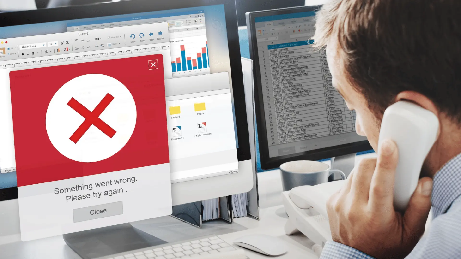 Office worker on the phone beside a desktop monitor showing a large red error message.