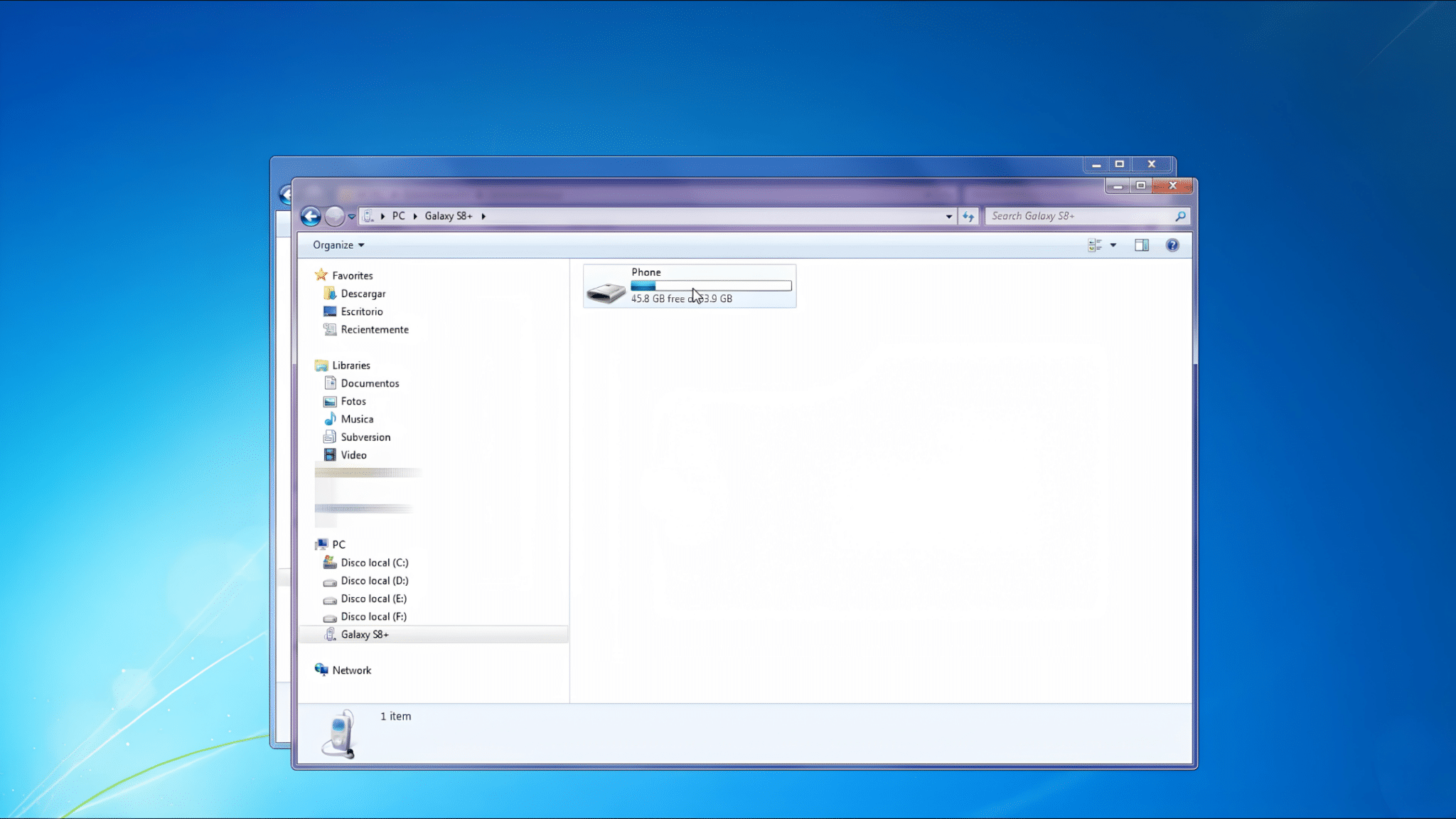 windows file explorer opened to a connected galaxy smartphone showing available phone storage for browsing and transferring files on a computer