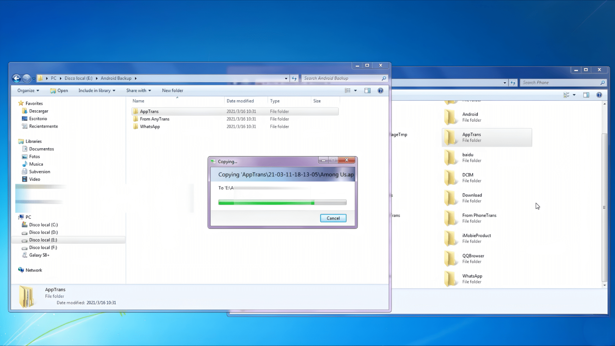 windows file explorer showing android backup folders while a file transfer progress window copies app data between a phone and computer