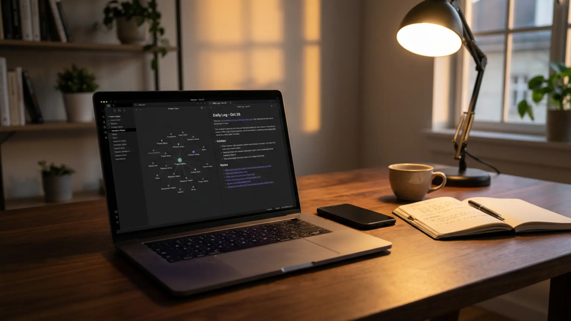 laptop displaying obsidian daily notes and graph view beside an open notebook and smartphone