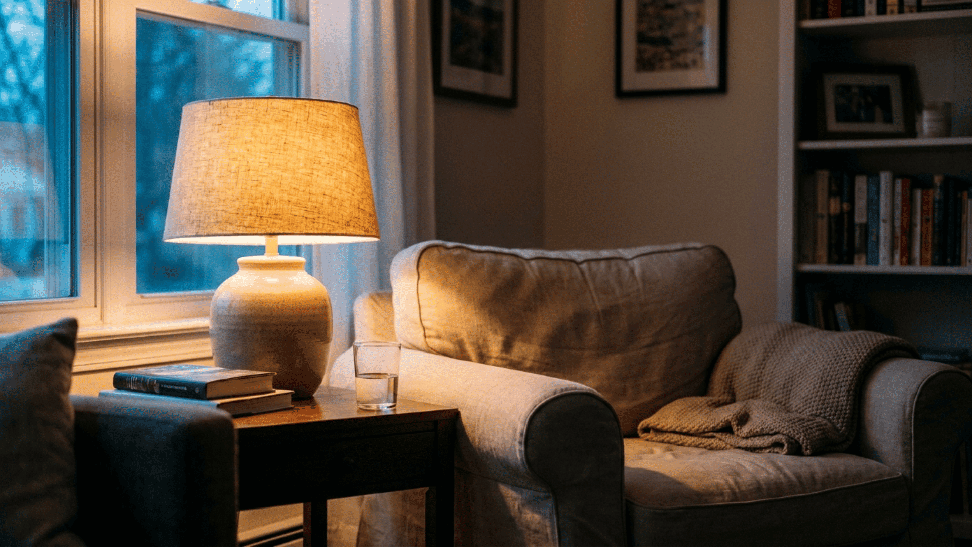 a living room corner lit by a warm smart lamp at dusk