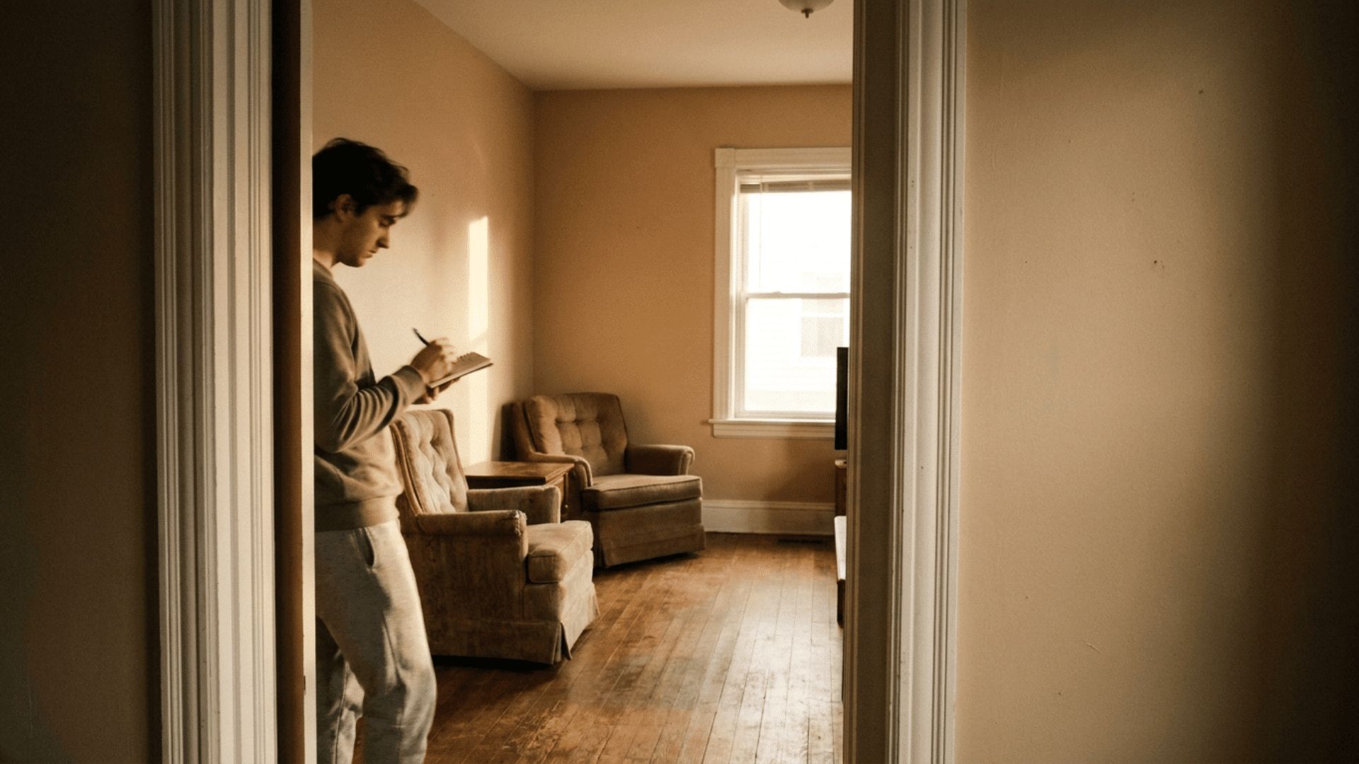 a person taking notes while looking into a living room to plan upgrades