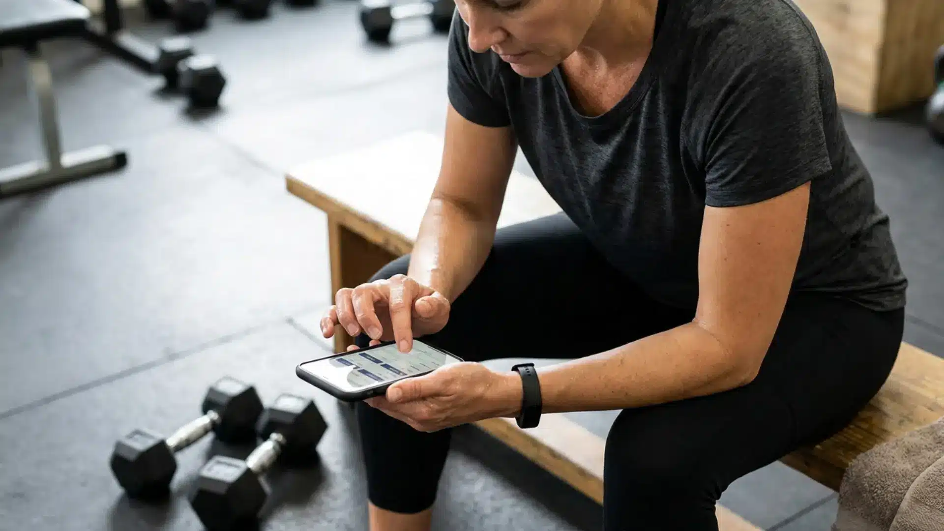 active gym user wearing wrist fitness band while reviewing detailed training charts daily.