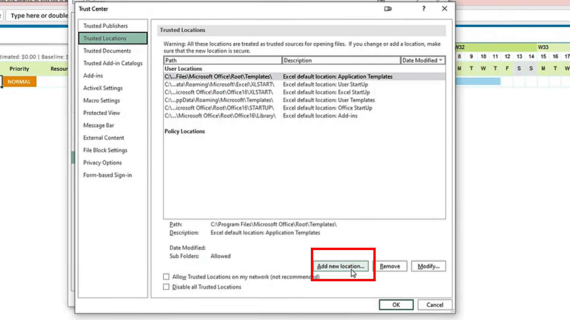 excel trust center showing trusted locations with the add new location button highlighted