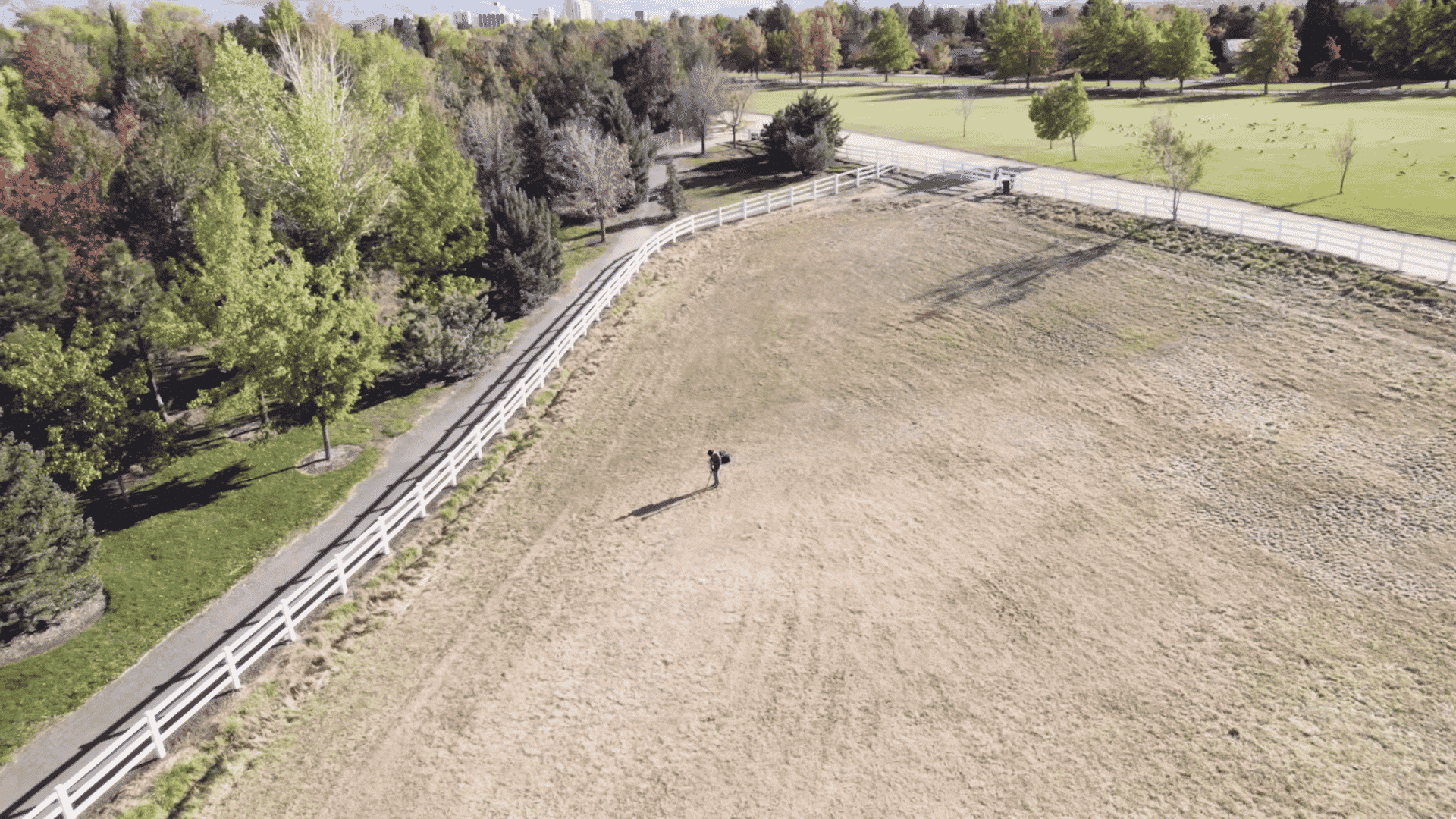 aerial view of a wide open grassy field with trees and fencing showing a clear area for drone takeoff