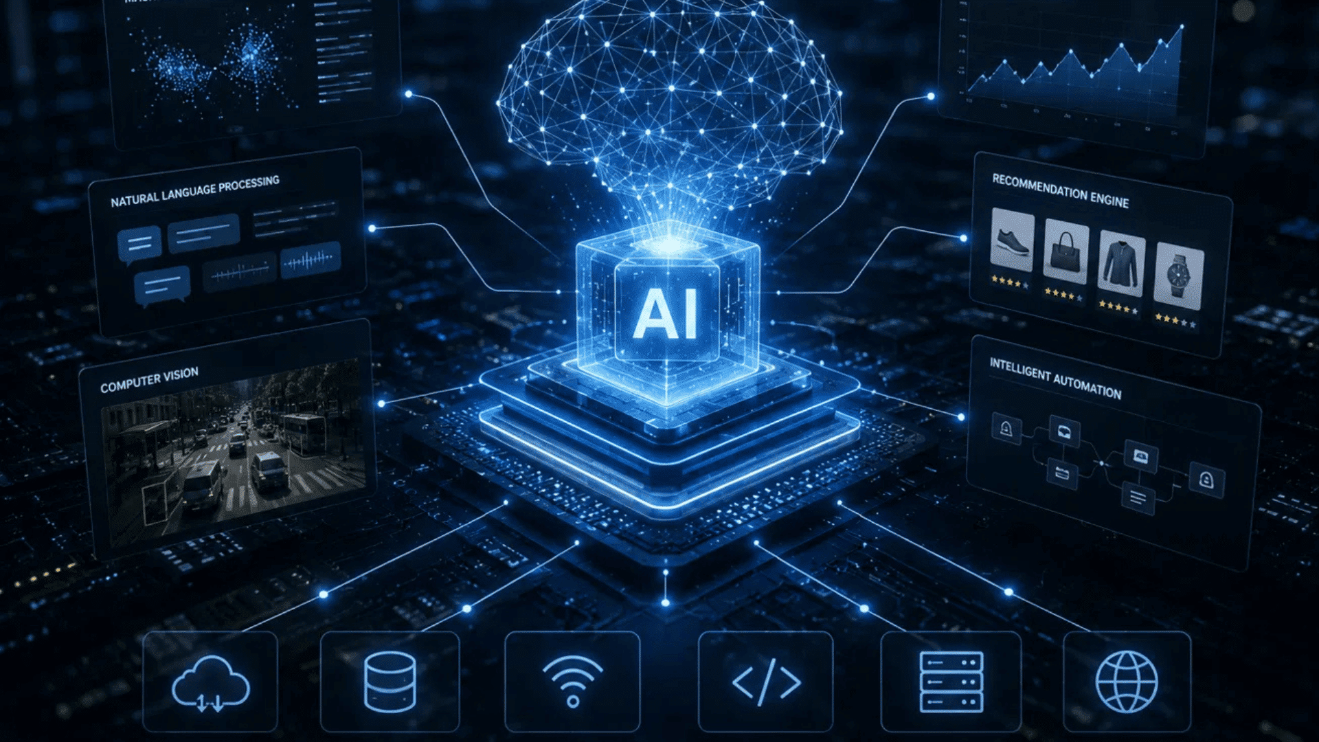 ai layer connecting cloud databases iot devices apis and enterprise systems in a digital network