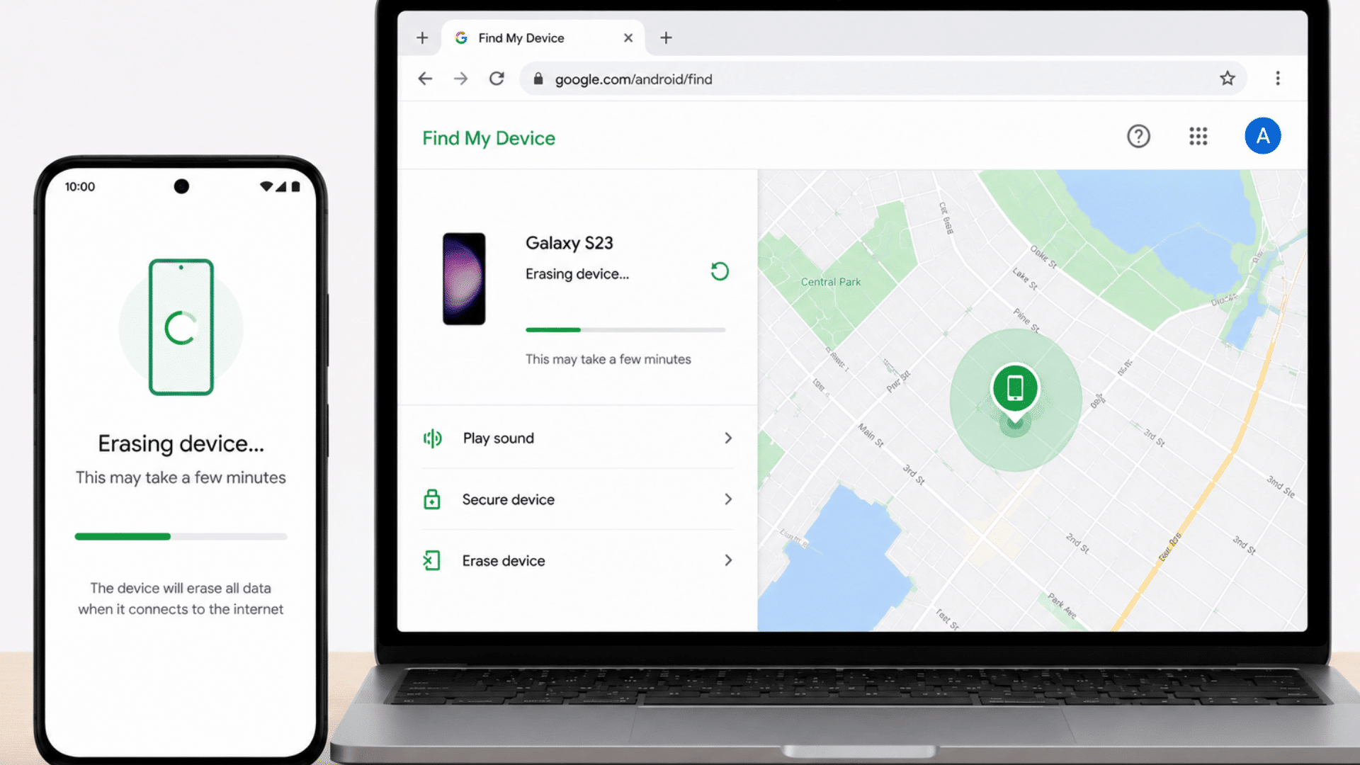 android phone and find my device dashboard showing factory reset process in progress