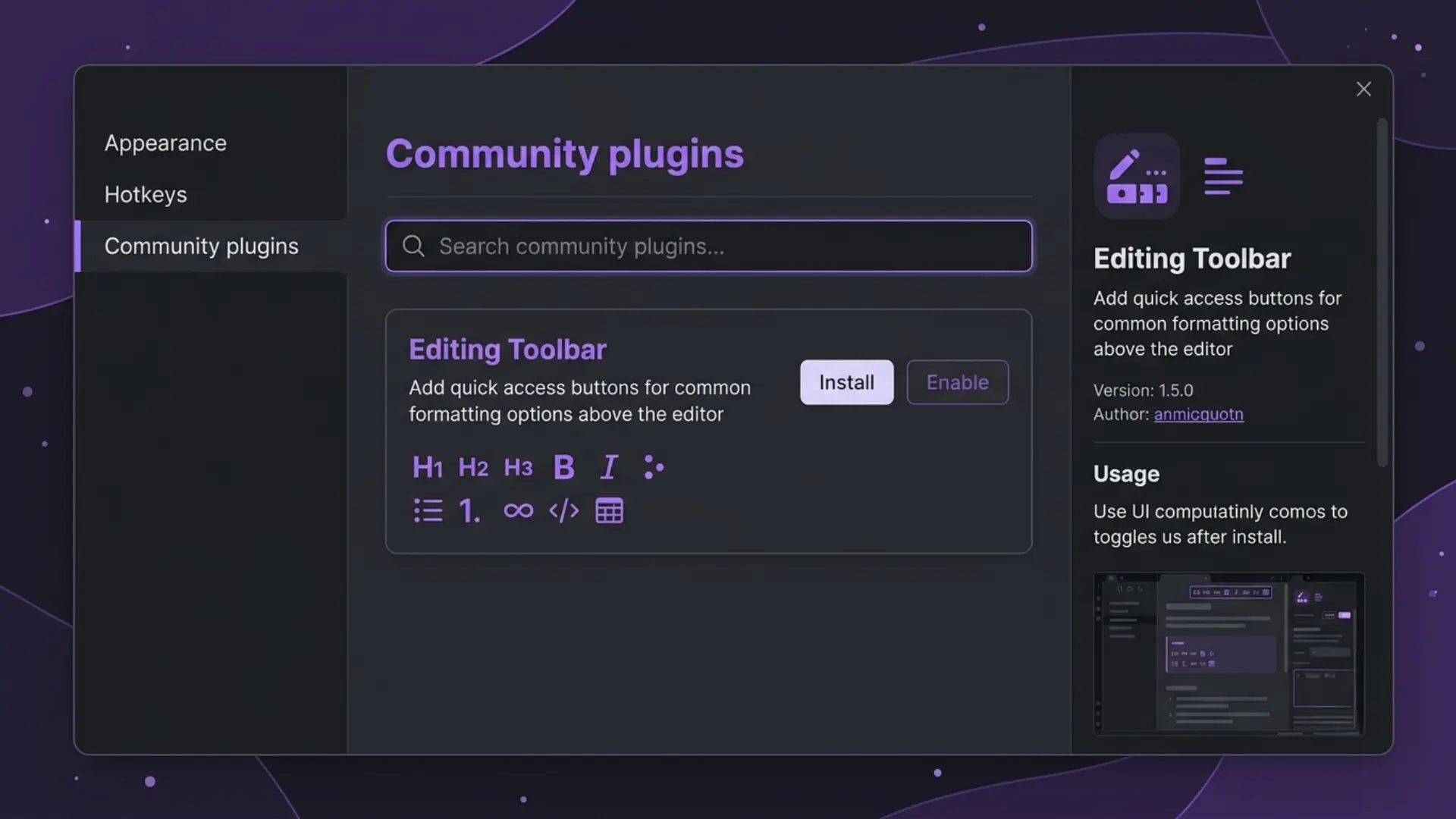 animated obsidian plugin browser showing the editing toolbar ready to install and enable