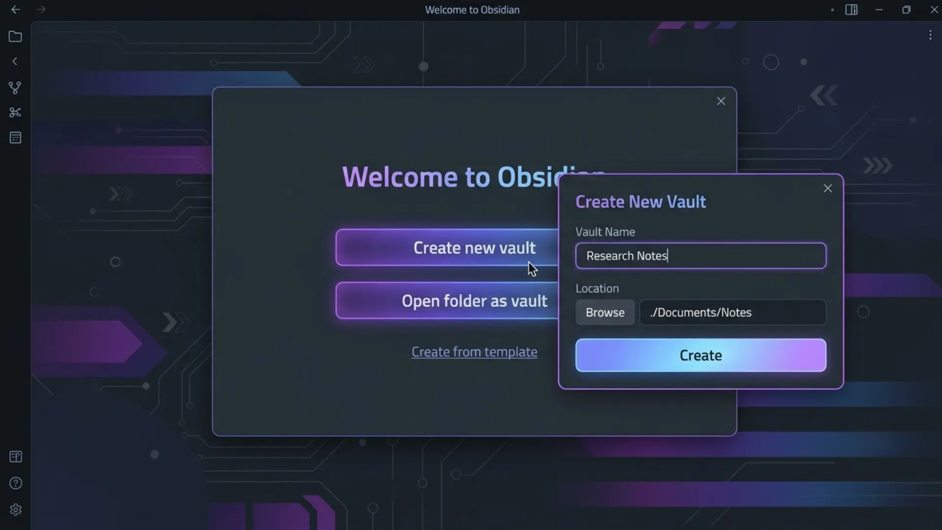 animated obsidian screen showing a new research vault being created in a dark interface