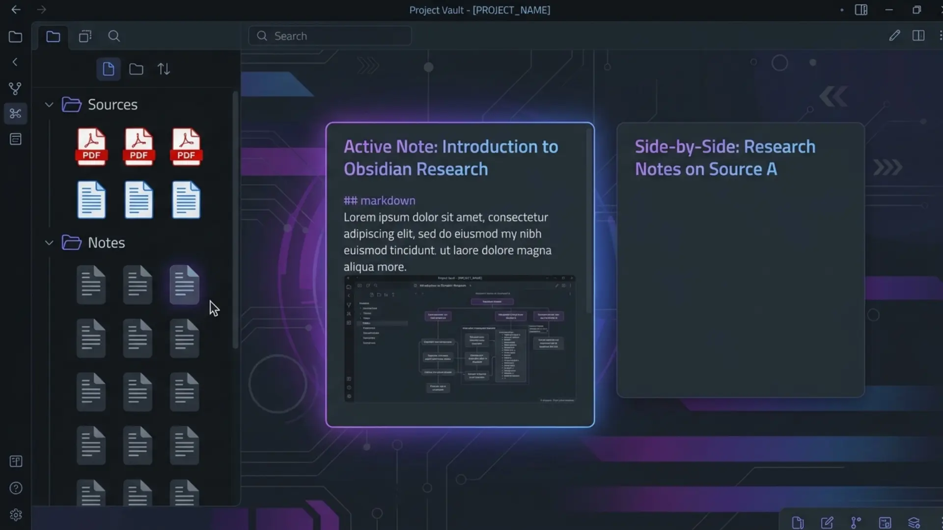 animated obsidian sidebar showing separate sources and notes folders in an organized vault