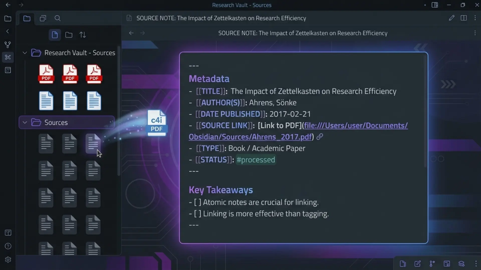animated obsidian source note showing a research pdf imported into the sources folder view