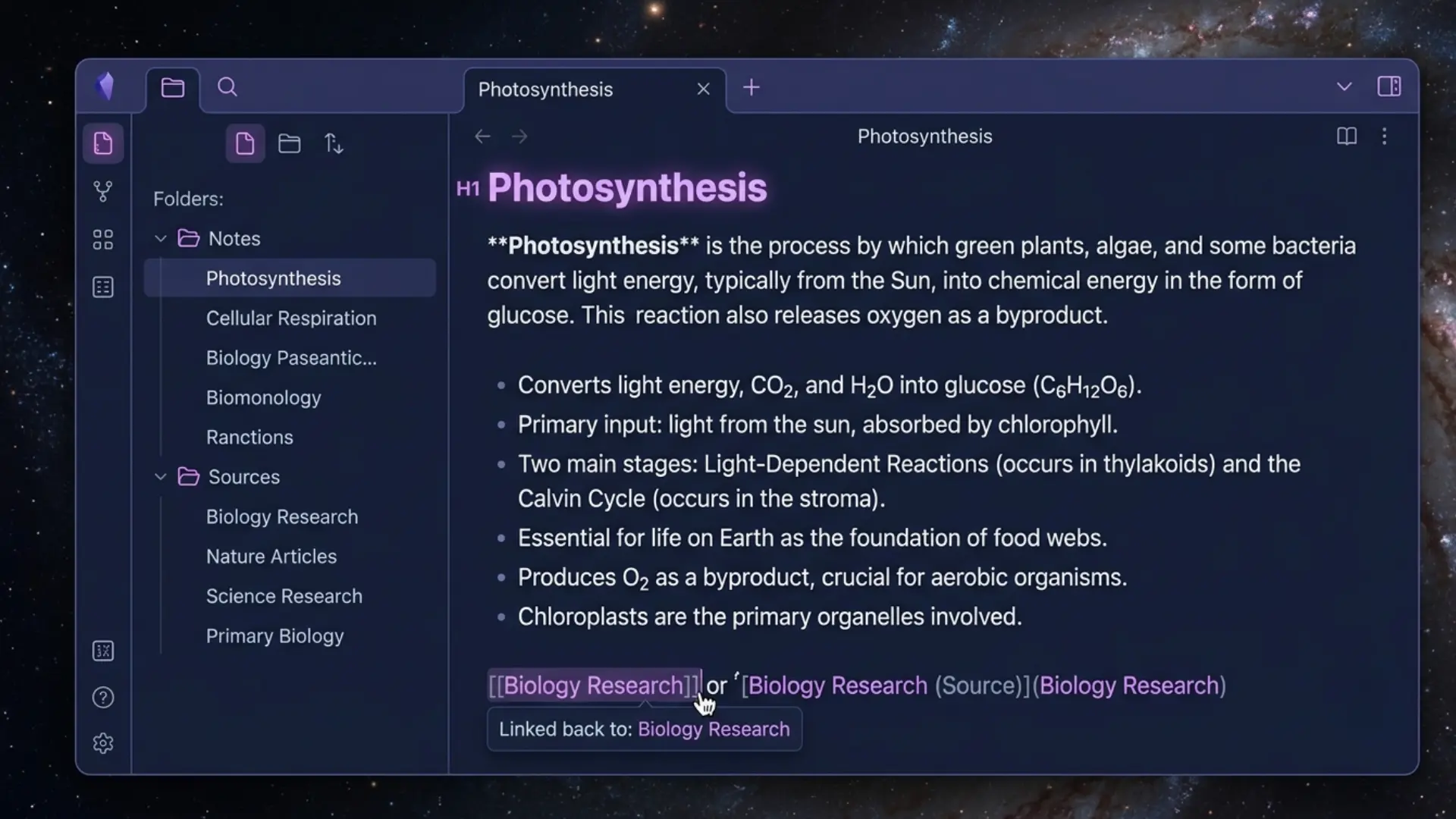 animated obsidian topic note linking personal ideas to a related research source note
