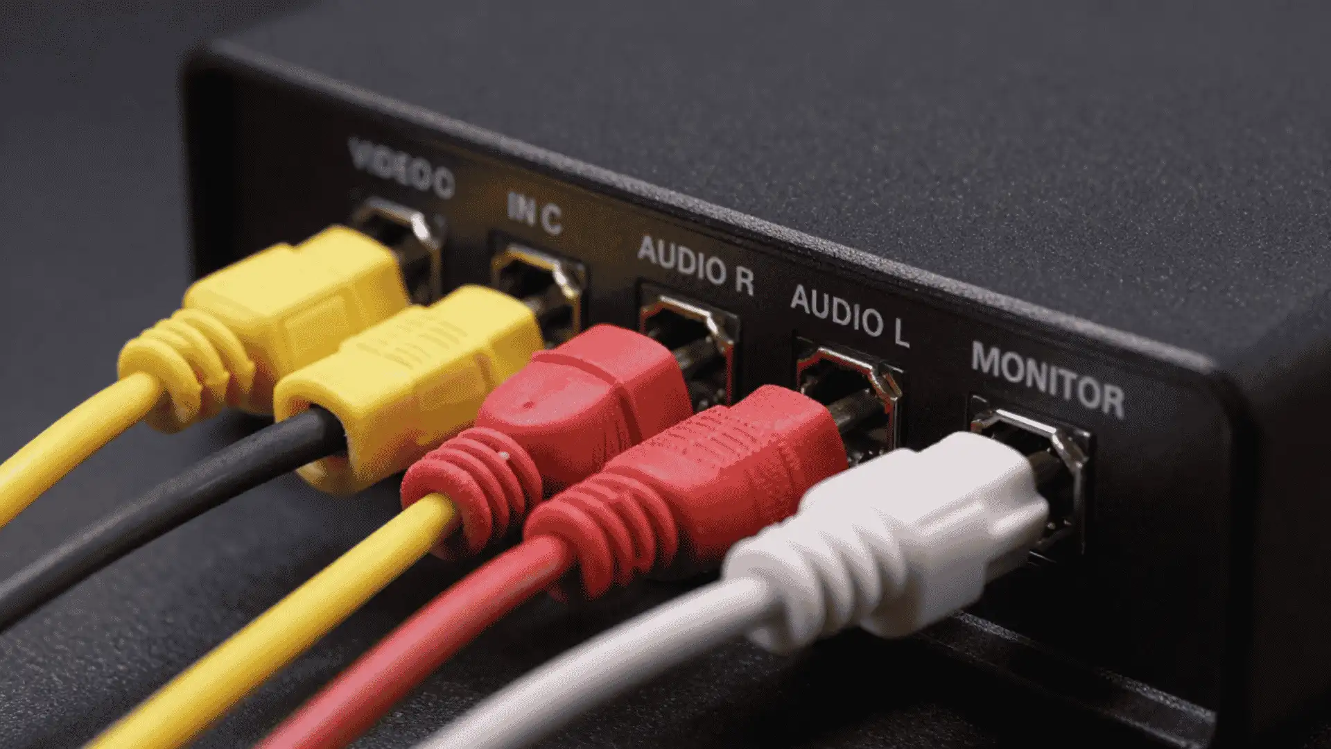 close view of yellow red and white audio video cables connected to labeled ports on a black device