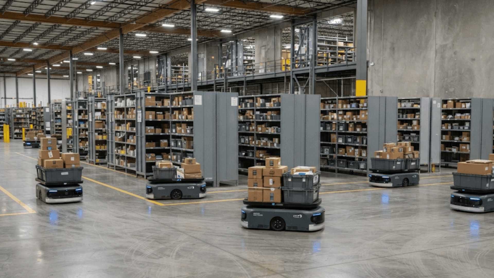 automated warehouse robots transporting packages through storage aisles with shelves boxes and industrial logistics equipment