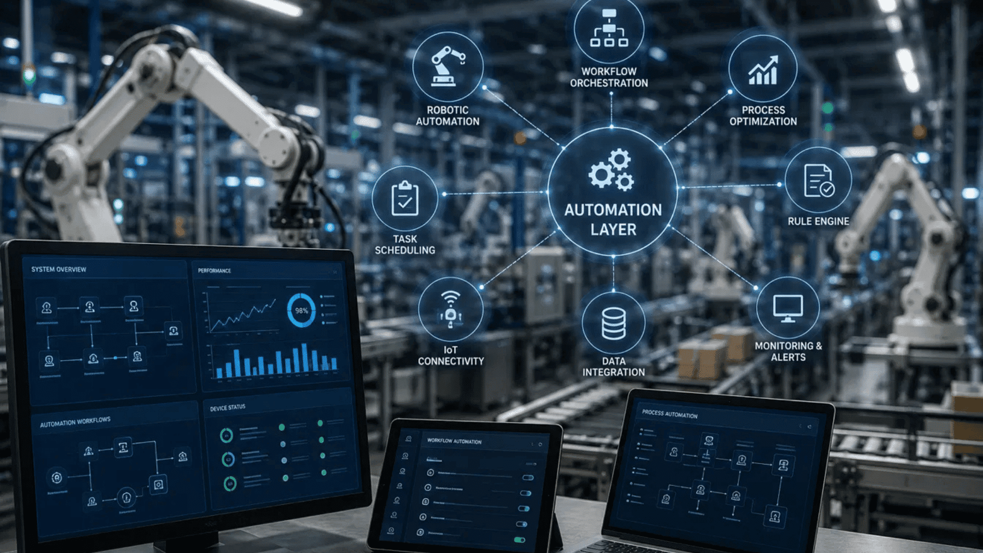 automation layer diagram showing robotic automation workflow and data integration in a smart factory