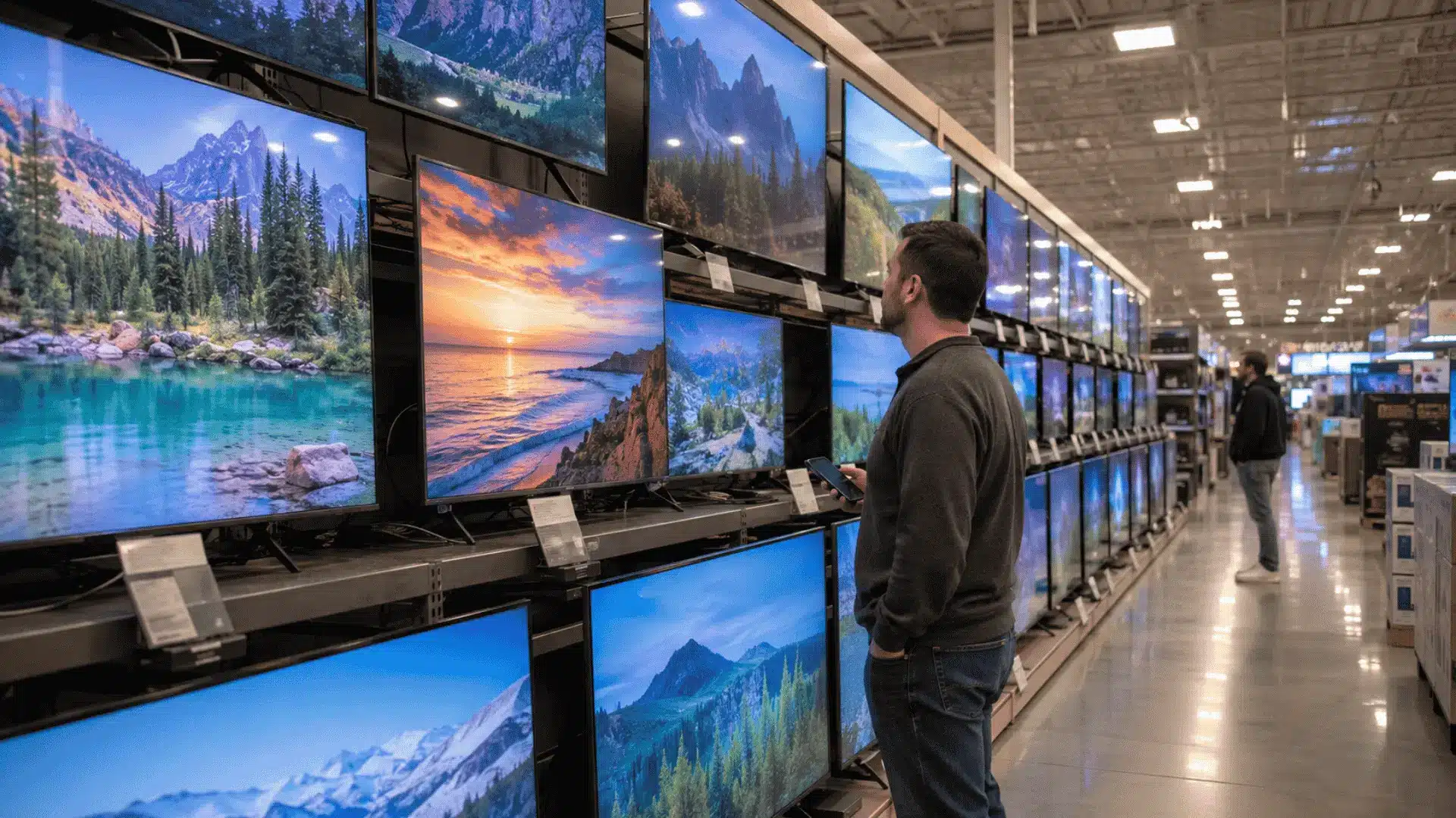 shopper comparing large televisions inside a brightly lit electronics store