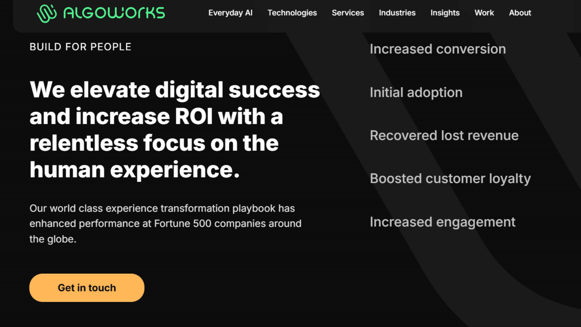 black digital services homepage highlighting human focused growth customer value and engagement