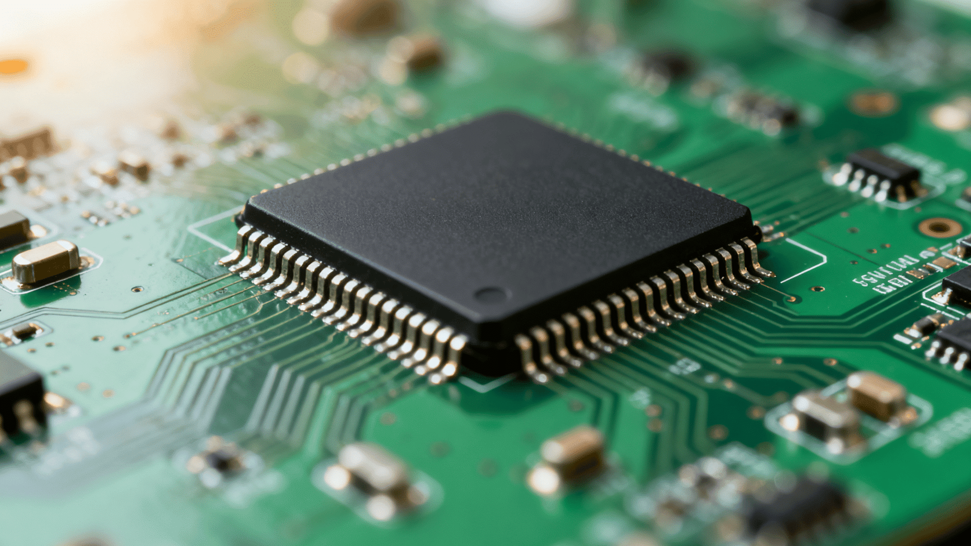 black semiconductor chip on a green circuit board with detailed electronic pathways and components