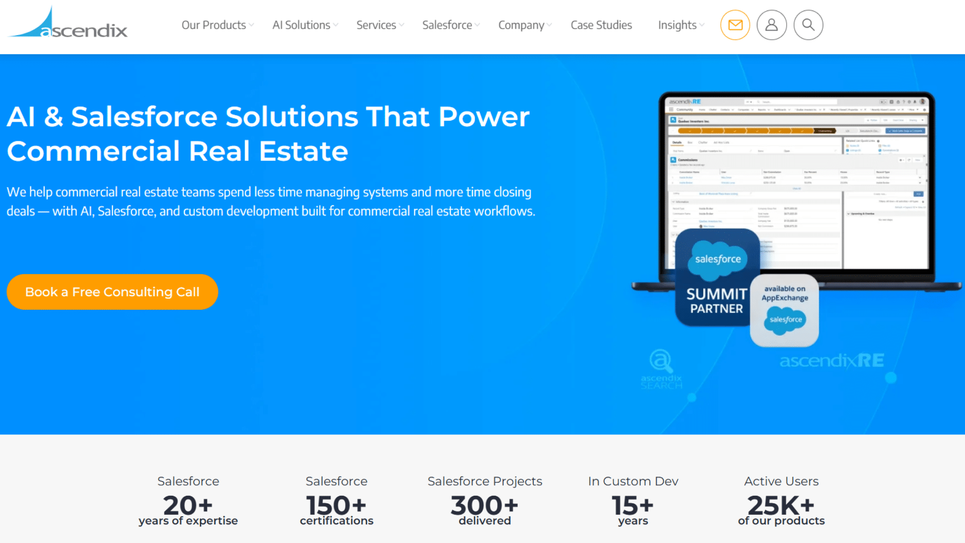 bright blue commercial real estate website promoting ai salesforce and software solutions