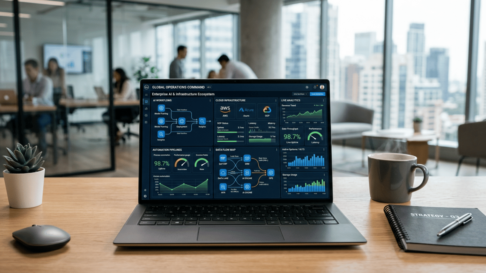 business laptop displaying connected ai automation cloud and analytics systems working together