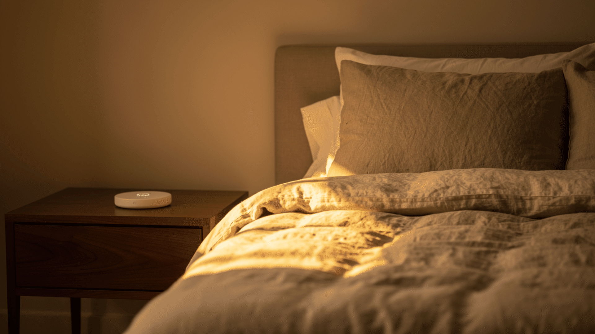 calm bedroom with warm smart lighting and a charging pad on the nightstand