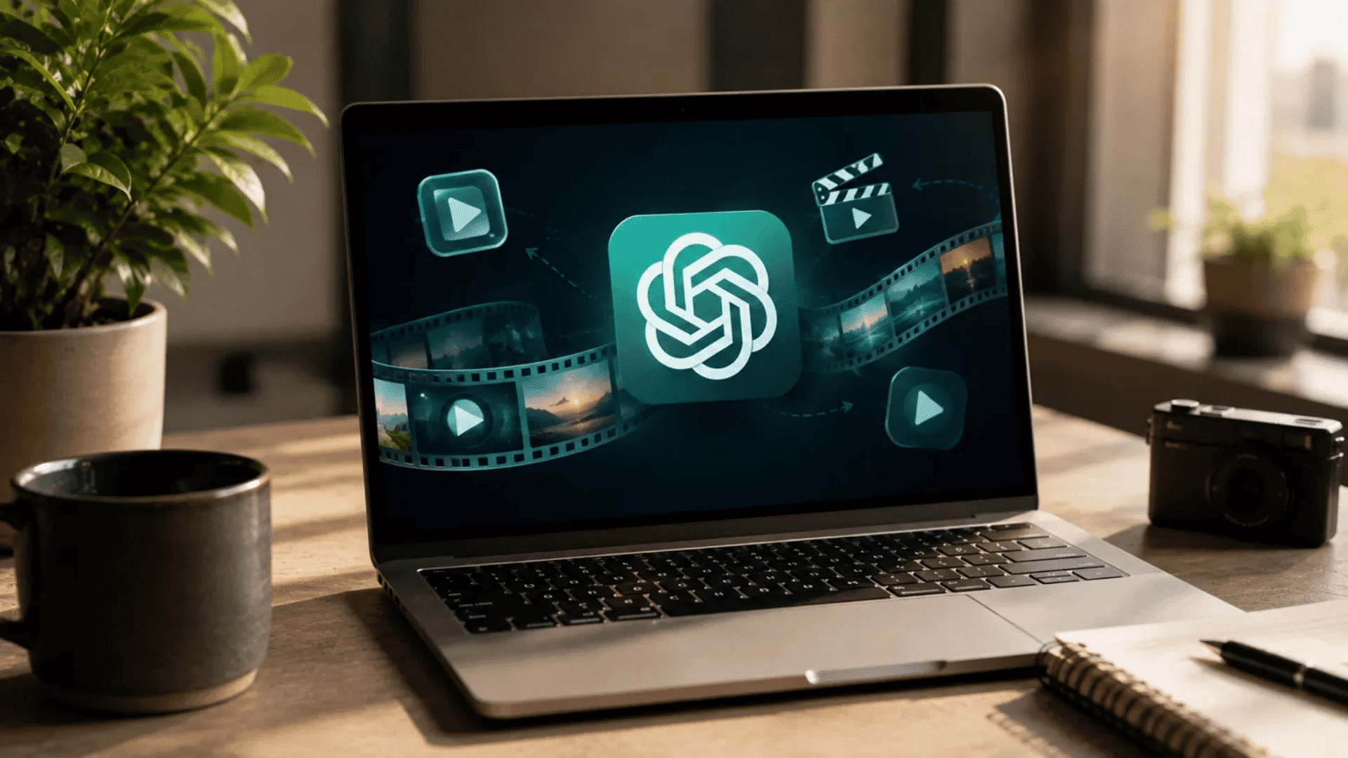 laptop screen displaying an openai logo surrounded by video play icons and a film strip with travel photos