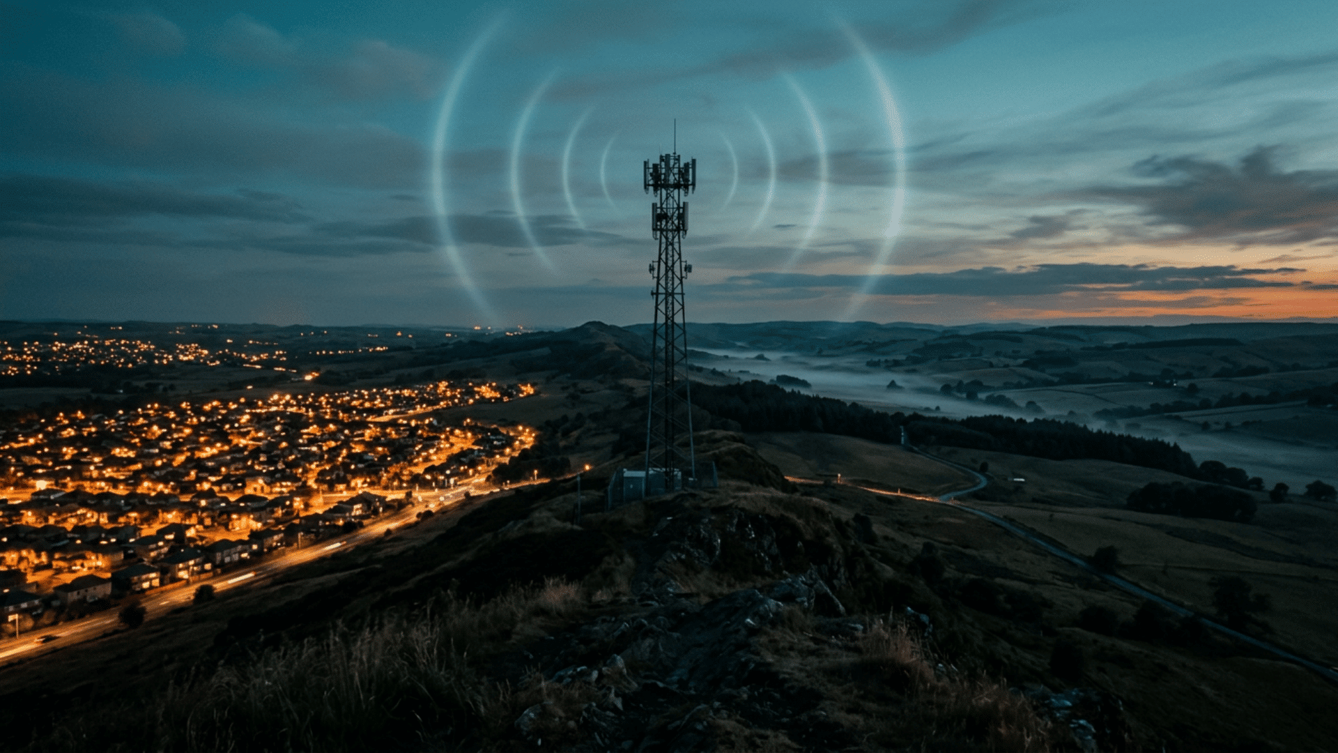cell tower transmitting wireless signals from a hilltop overlooking a town with glowing lights across a misty landscape at dusk