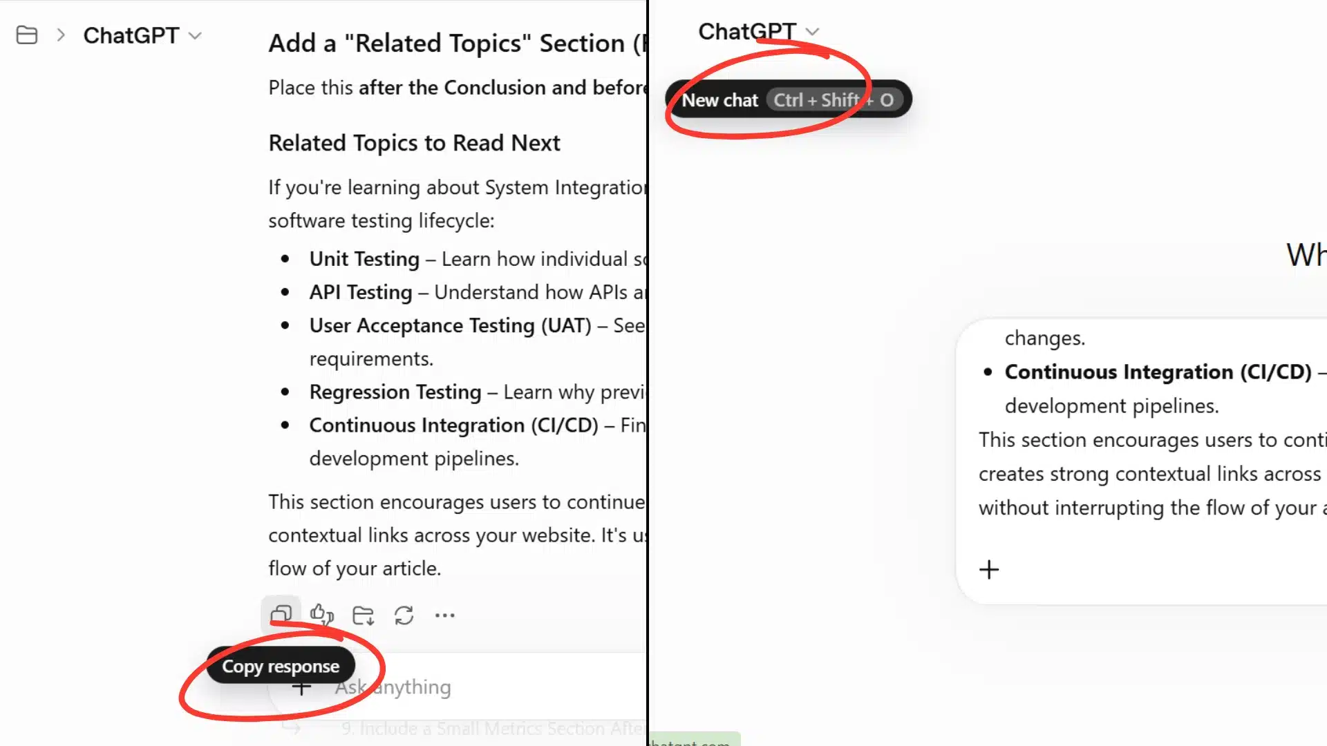 chatgpt chat window with a new chat button and copy response tooltip highlighted in red circles