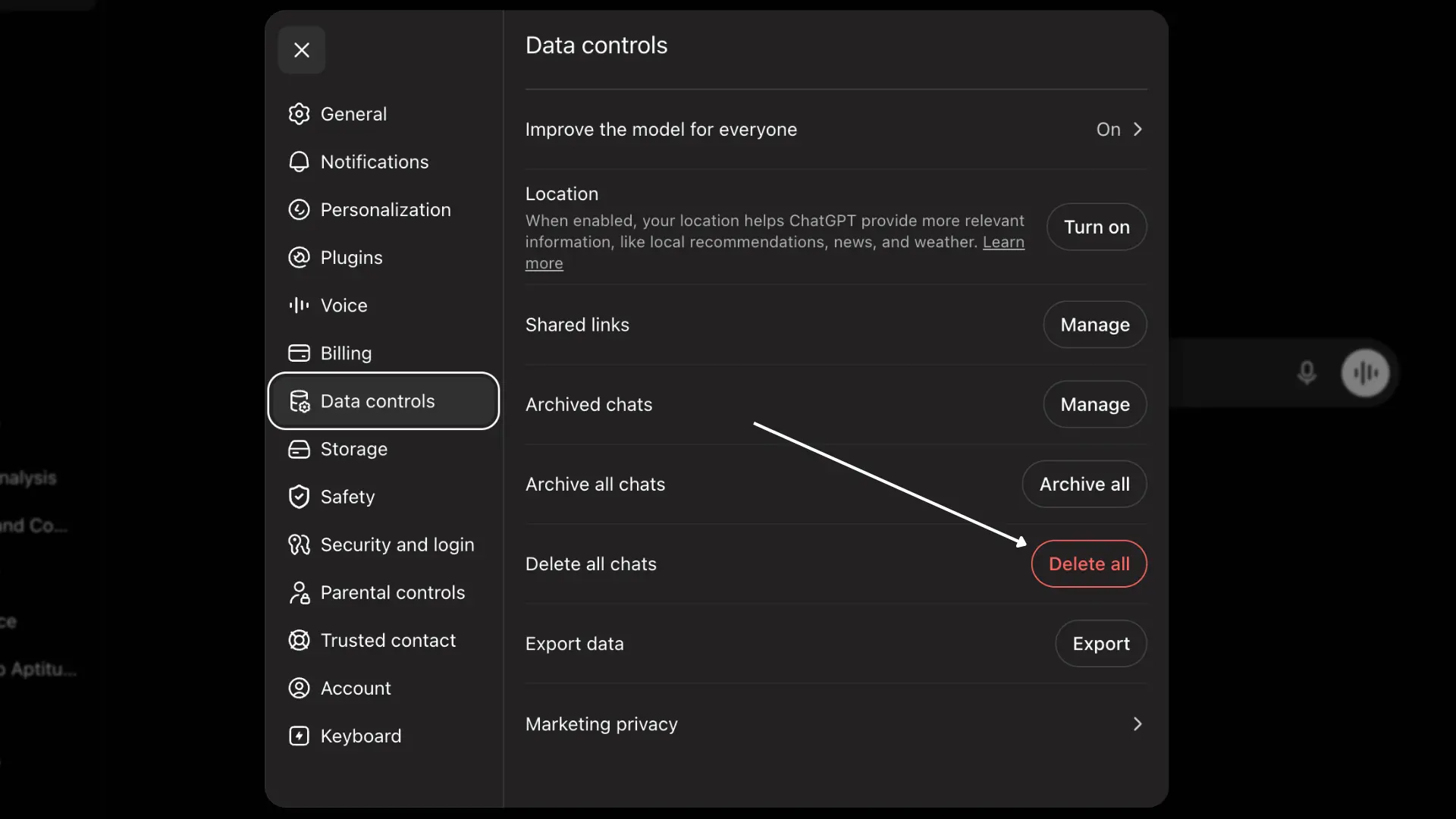 chatgpt data controls showing archive all chats and delete all with an arrow pointing to delete all