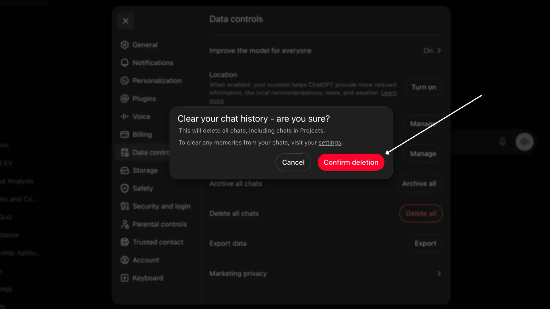 chatgpt deletion warning showing the clear chat history message and highlighted confirm deletion button