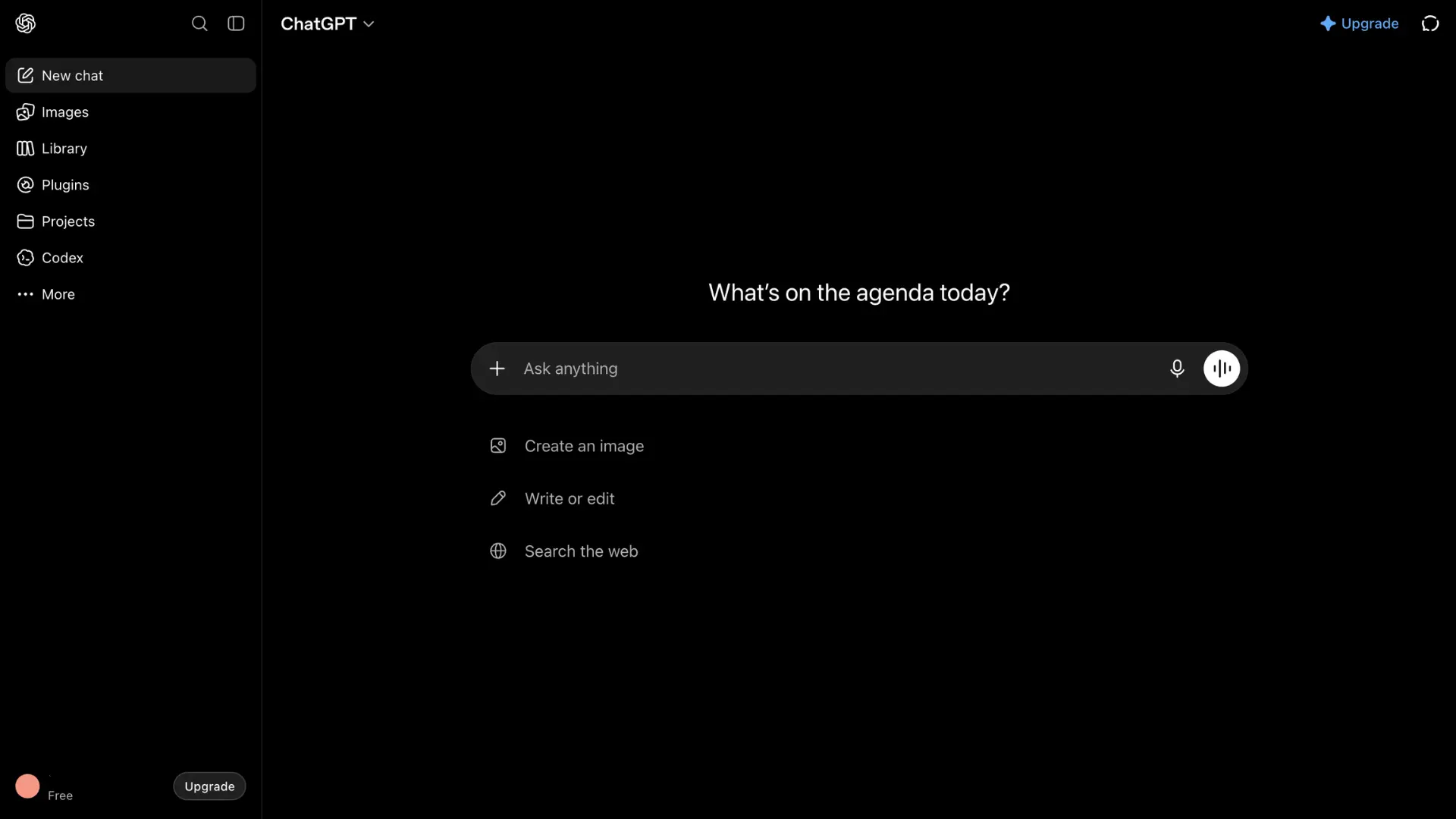 chatgpt home screen with no recent conversations visible in the sidebar and a blank prompt box