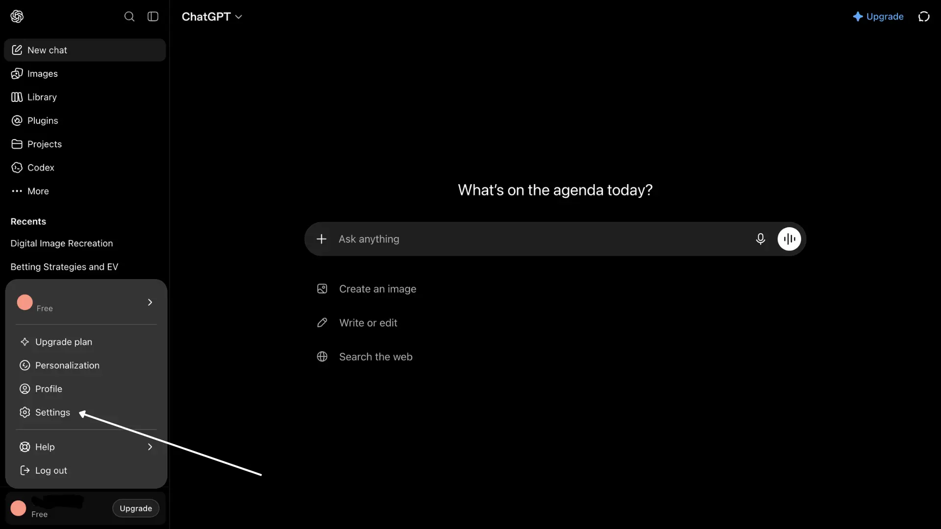 chatgpt home screen with the account menu open and an arrow pointing to the settings option