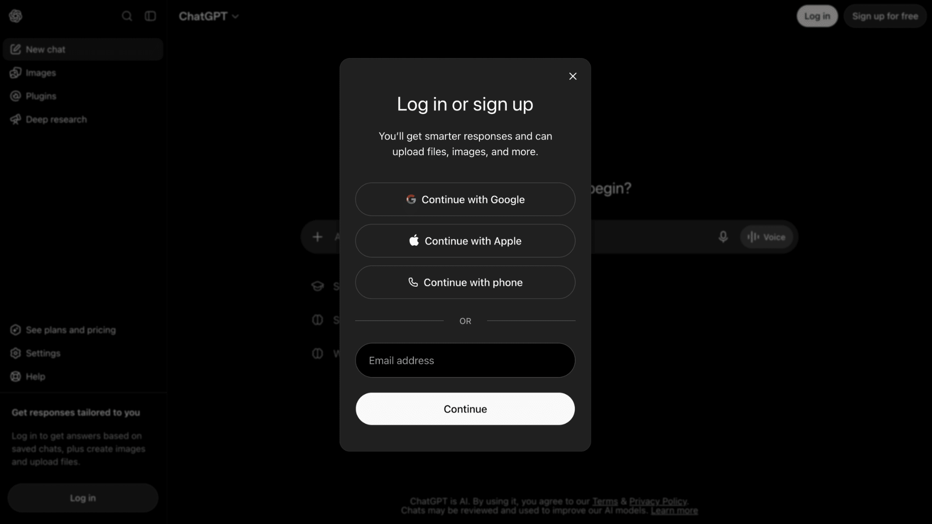 chatgpt login window showing sign in options for google apple phone and email
