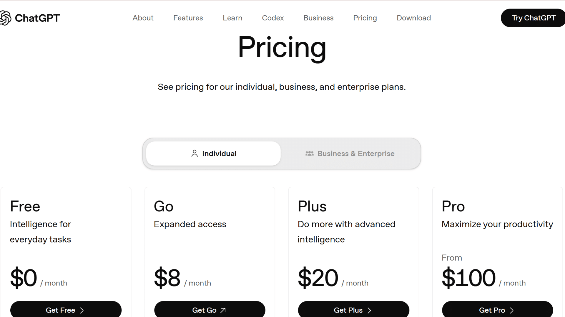 chatgpt plan pricing with free go plus and pro tiers plus business and enterprise seat costs