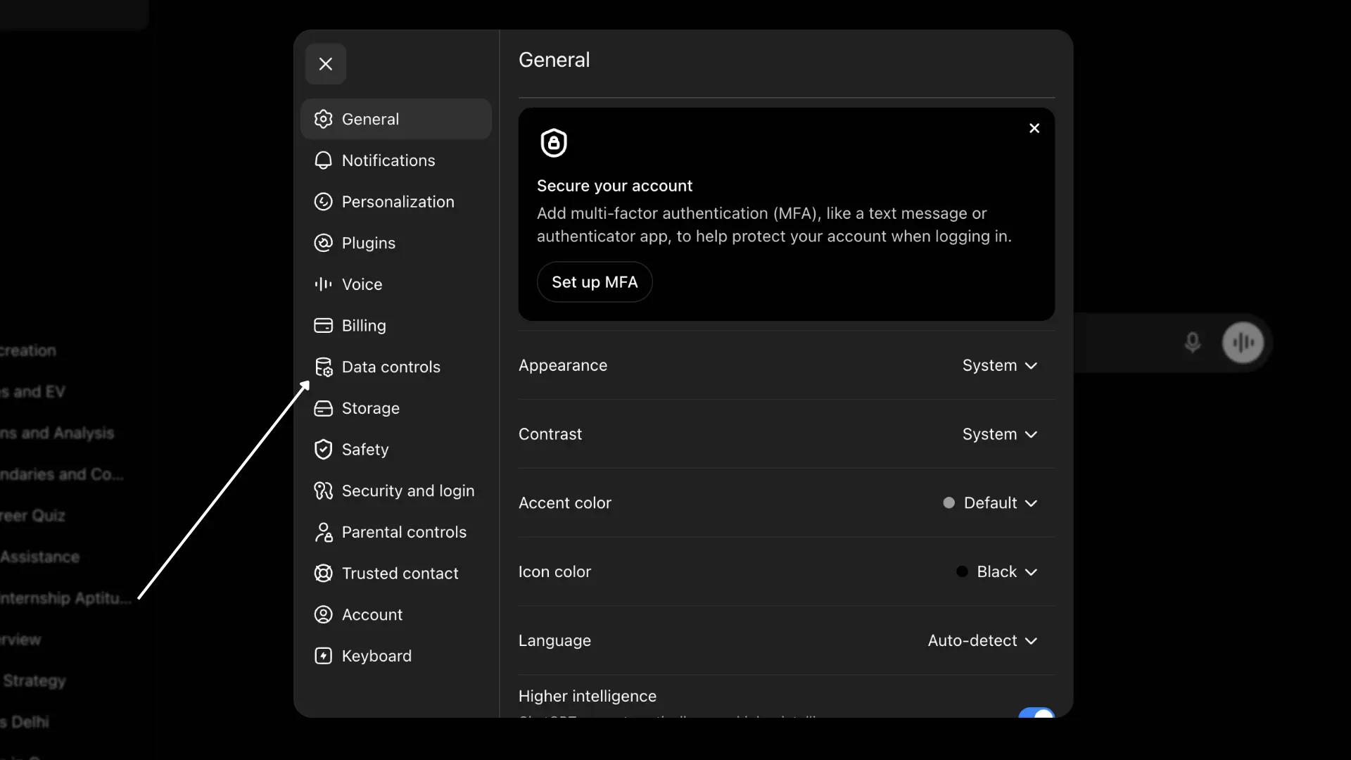 chatgpt settings panel showing general options with an arrow pointing to the data controls menu
