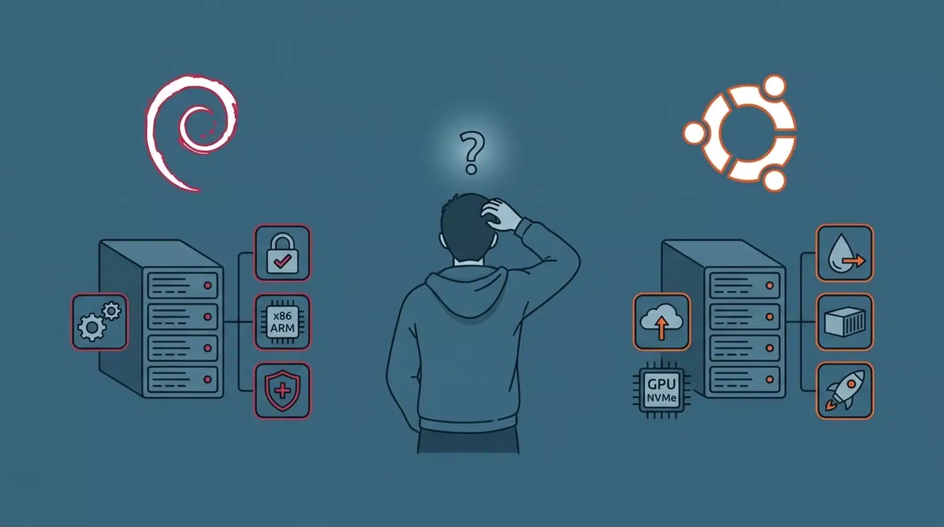 person choosing between debian and ubuntu servers with security cloud and hardware icons