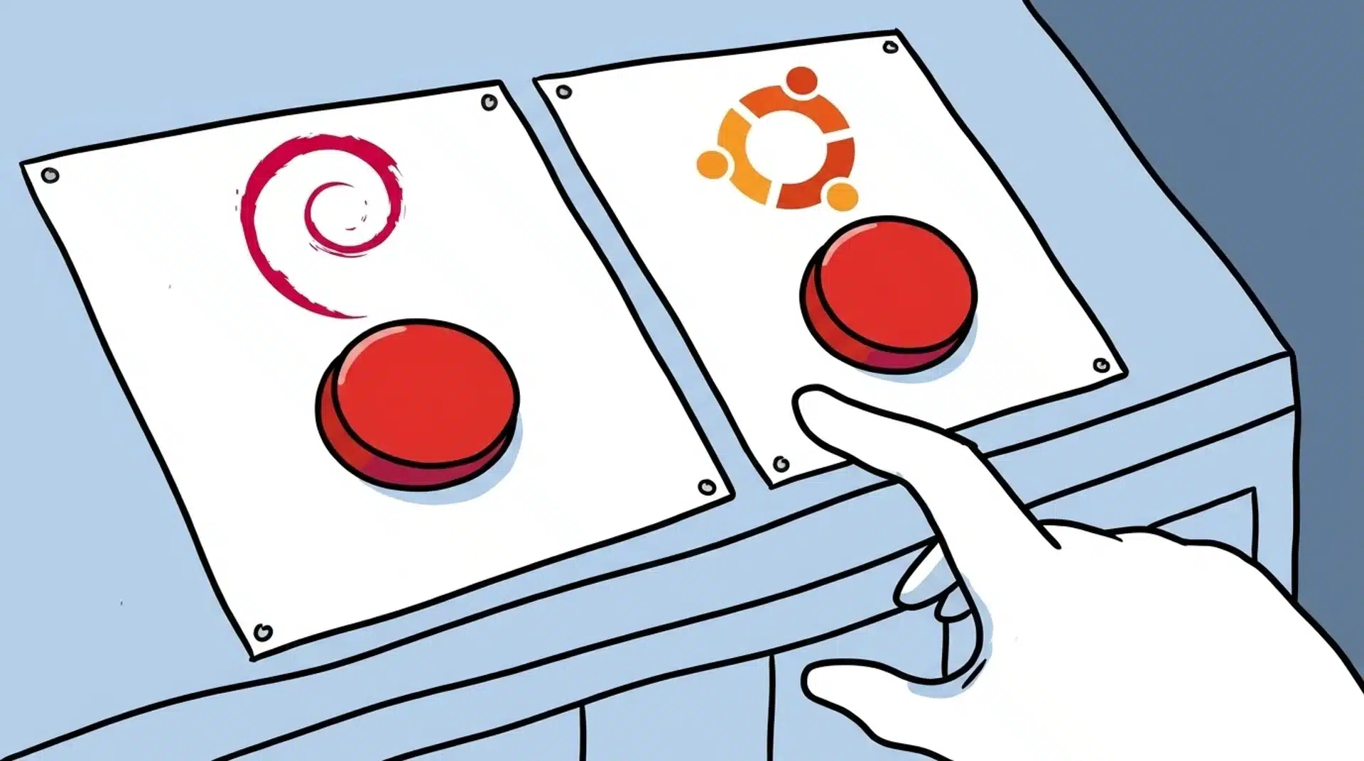 cartoon hand choosing between debian and ubuntu linux logo buttons
