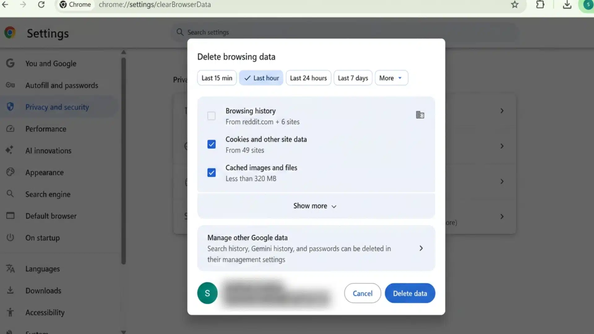 chrome clear browsing data dialog with cookies and cached images and files selected
