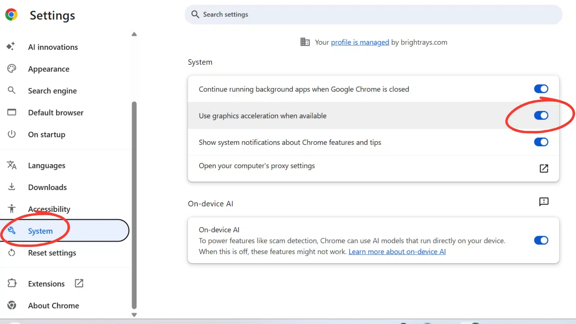 chrome settings system page with use graphics acceleration when available toggle circled in red