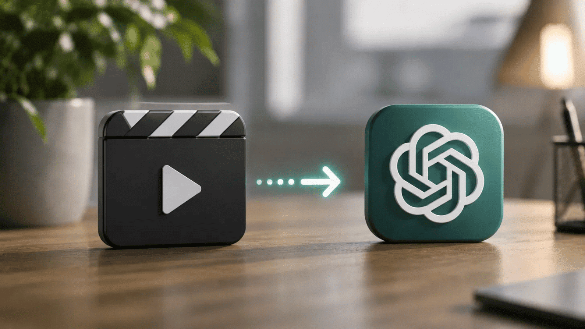 clapperboard video icon with an arrow pointing to an openai logo icon on a wooden desk