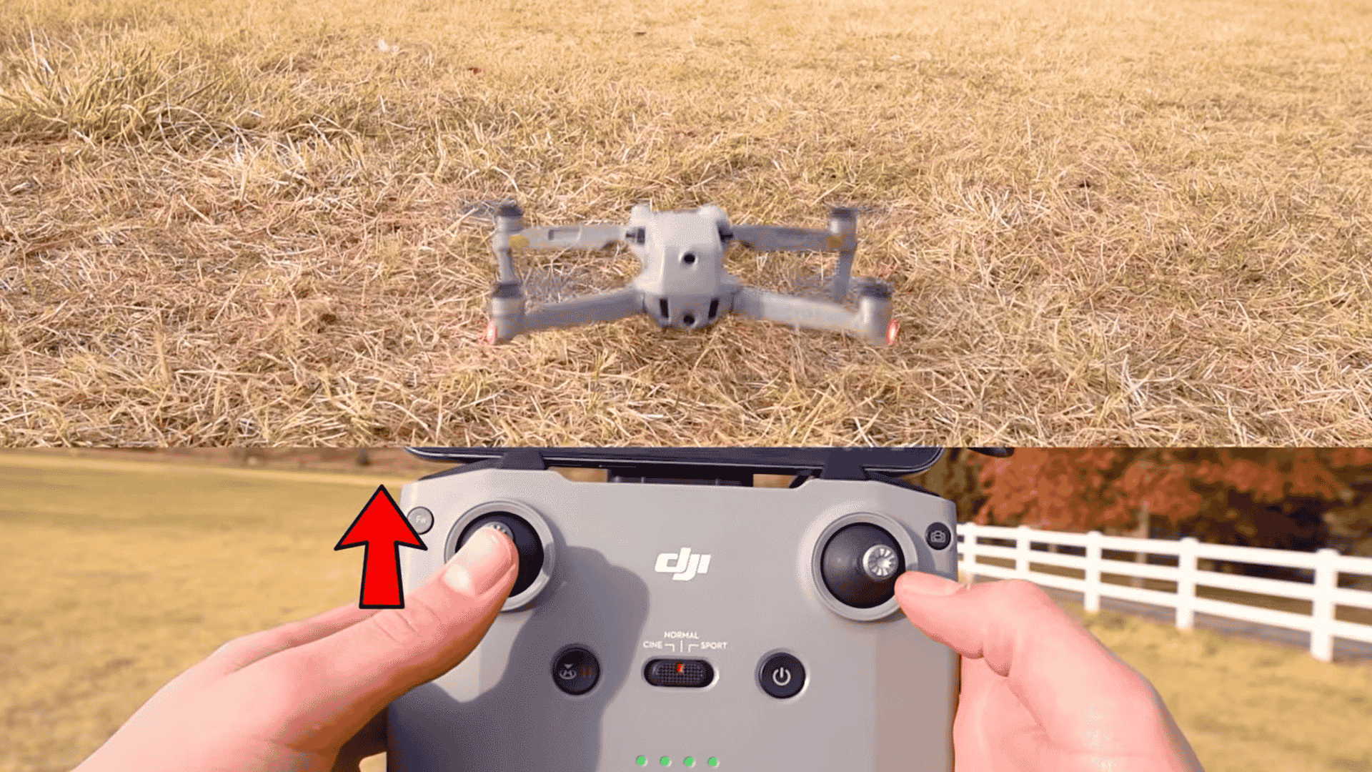 close up of a drone controller with left stick pushed upward as the drone prepares for a slow takeoff